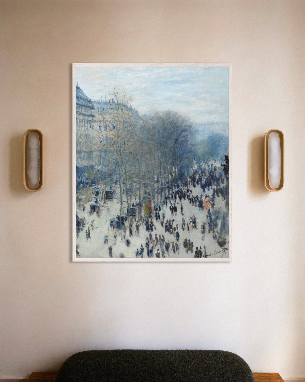 Poster Boulevard des Capucines (1873–1874) von Claude Monet mit weißem Holzrahmen