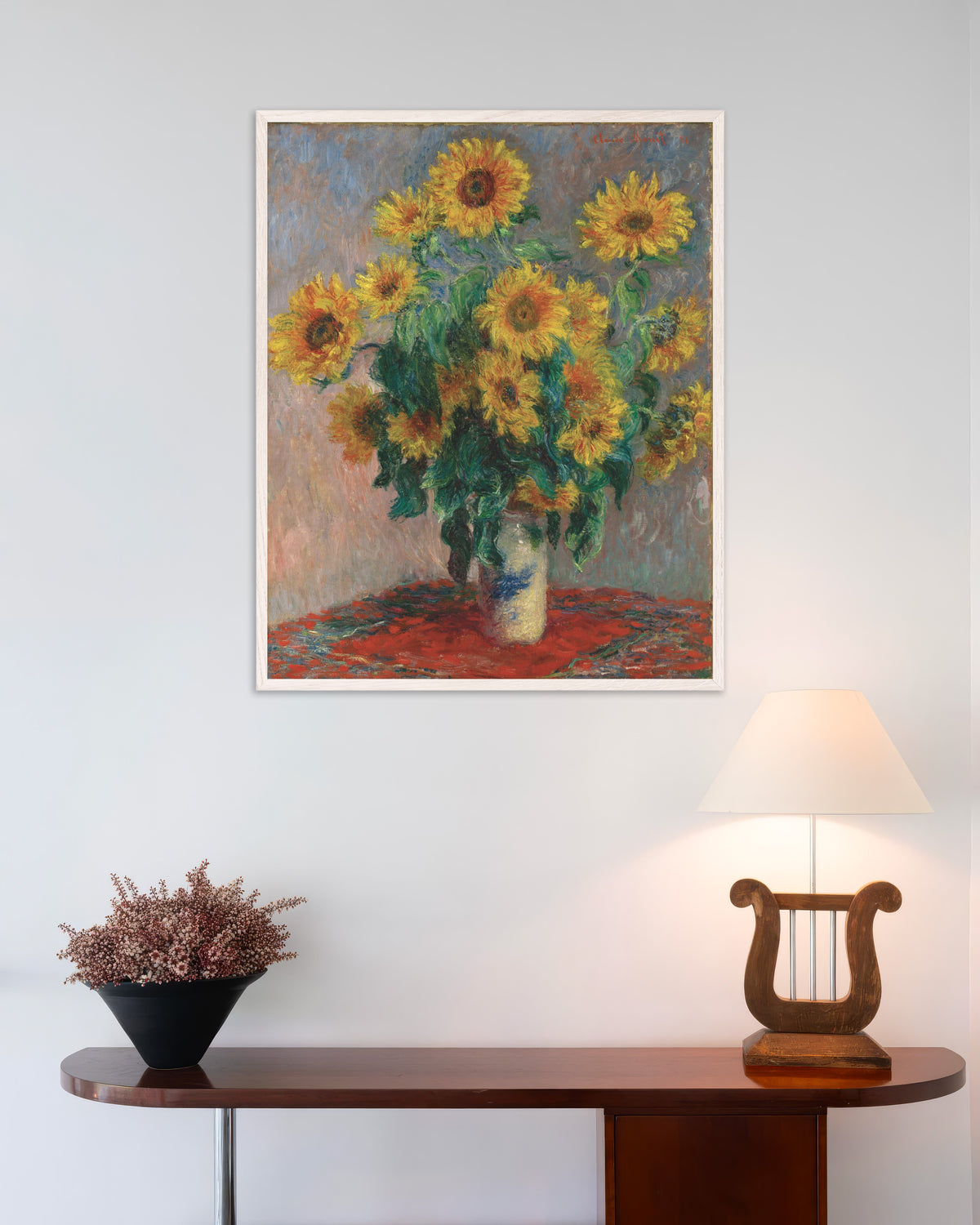 Poster Sonnenblumenstrauß (1881) von Claude Monet mit weißem Holzrahmen