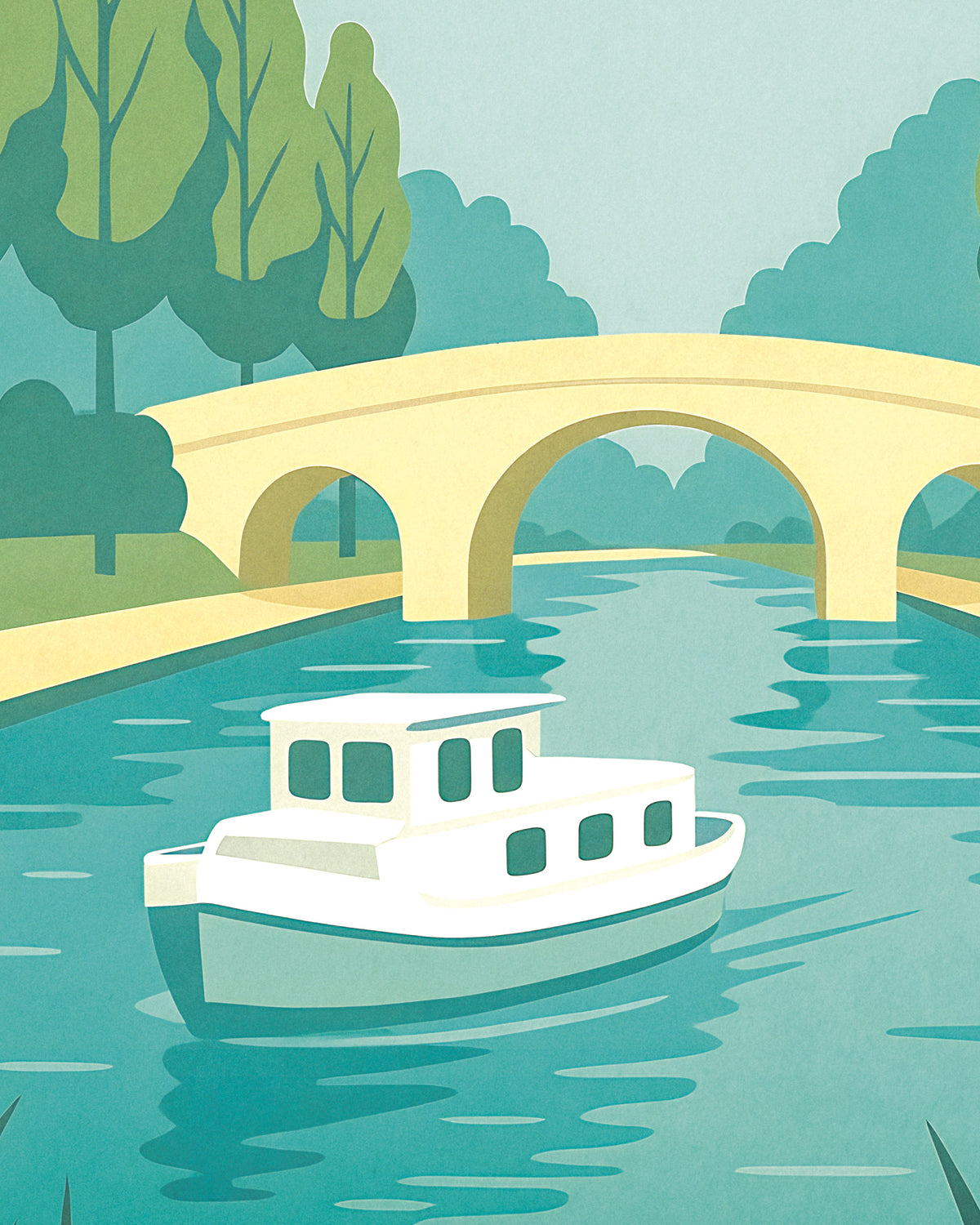 Eine stilisierte Illustration eines weißen Boots auf türkisfarbenem Wasser unter einer hellgelben Brücke, im Hintergrund grüne Bäume.