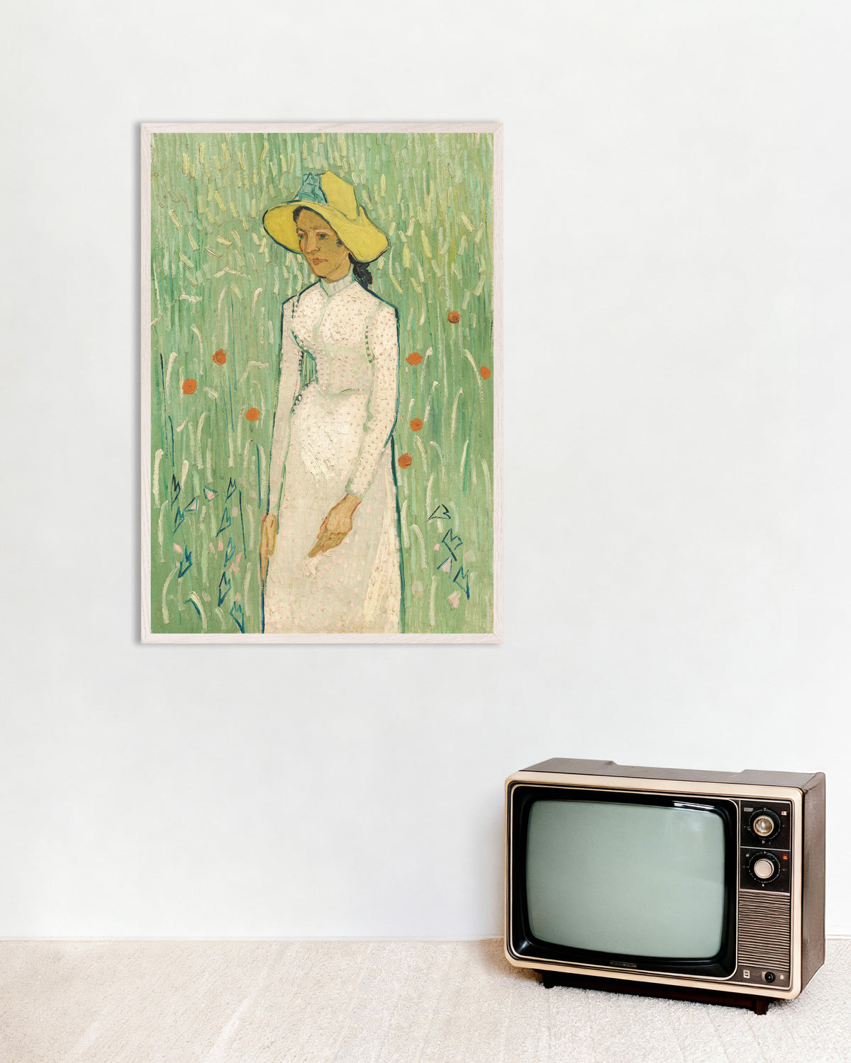 Poster von Mädchen in Weiß (1890) von Vincent van Gogh, mit weißem Holzrahmen