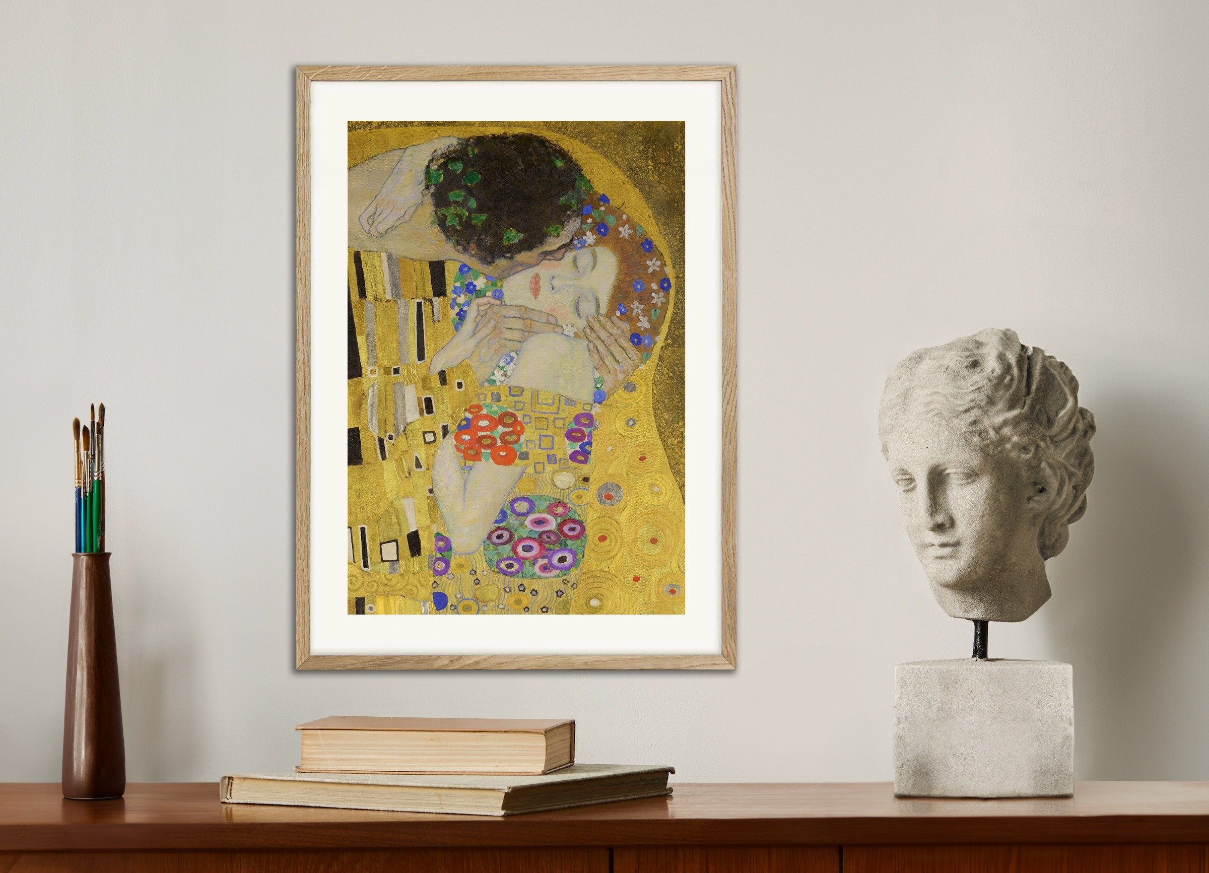 Poster of Gustav Klimt Print - The Kiss, with natural wooden frame