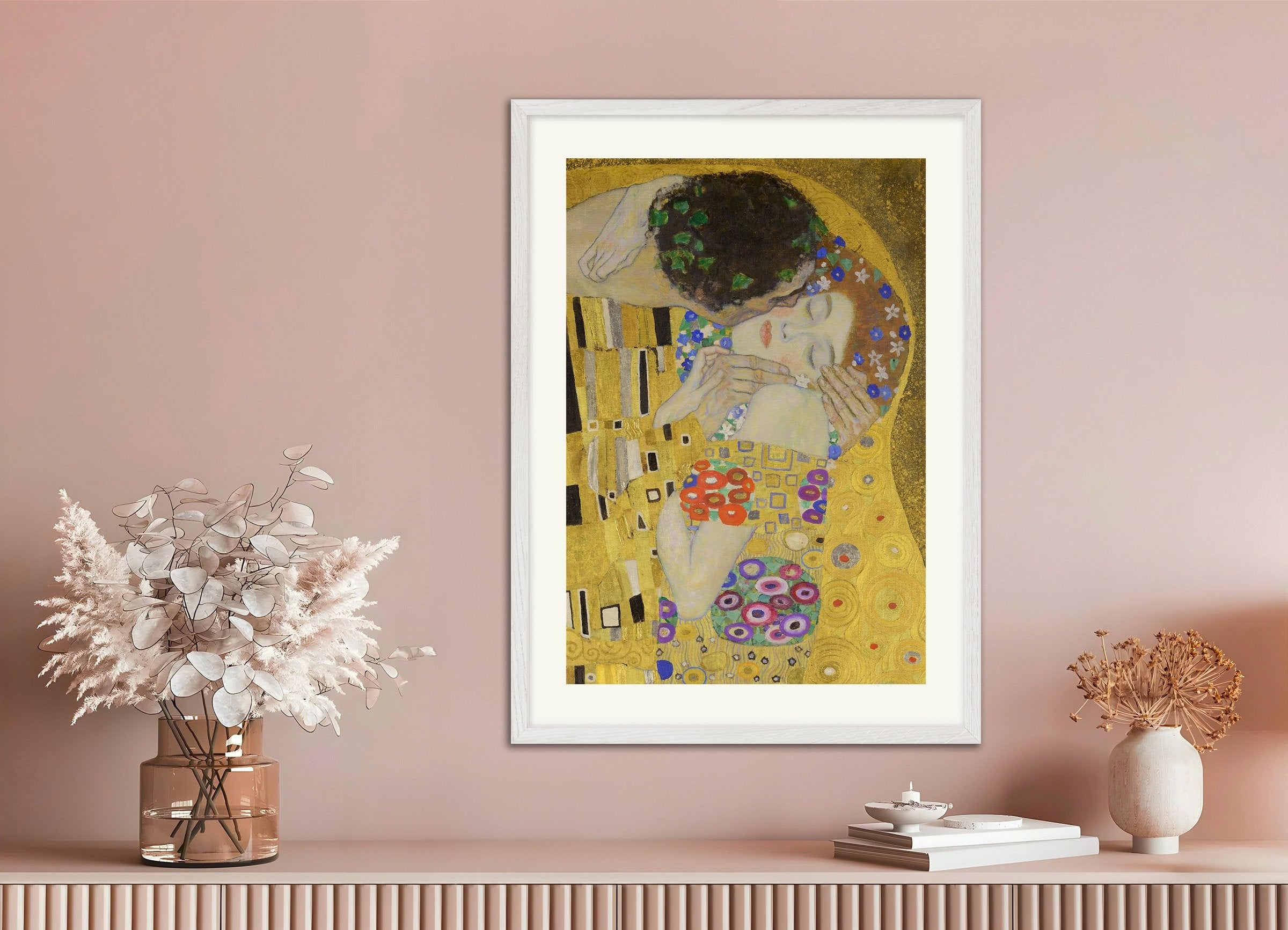 Poster of Gustav Klimt Print - The Kiss, with white wooden frame