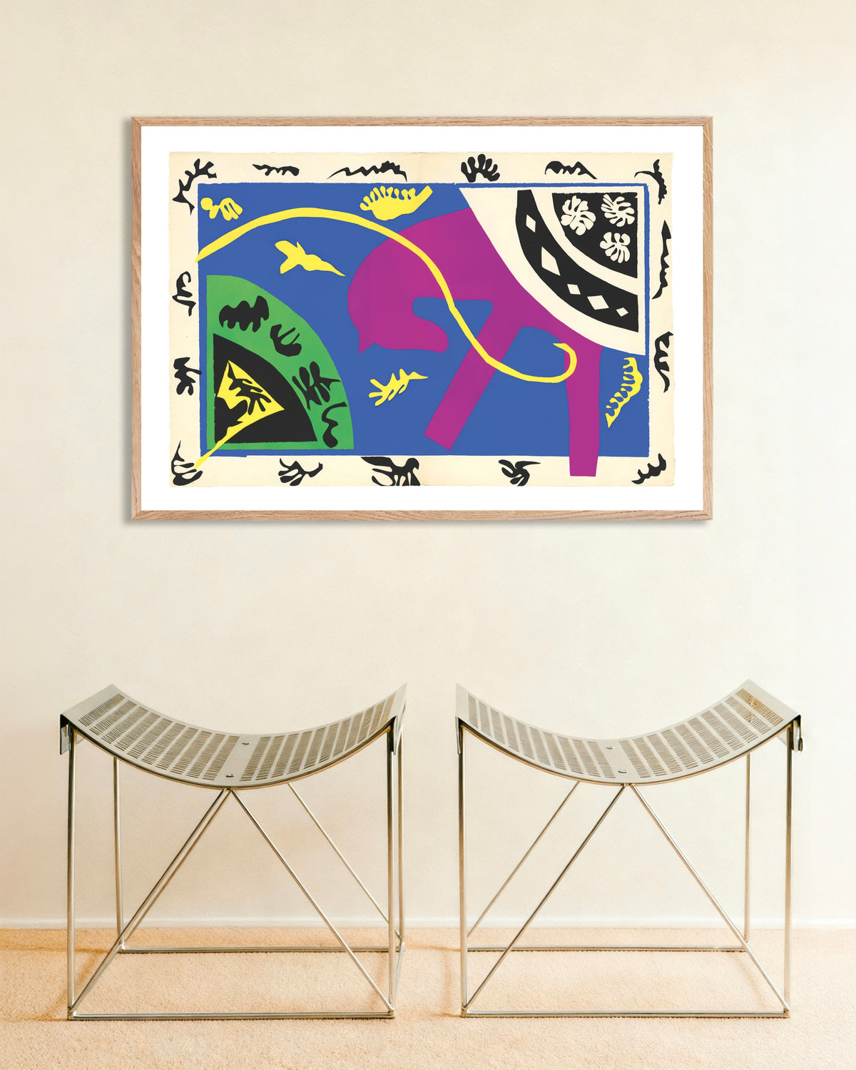 Poster Pferd, Reiter und Clown (Jazz, 1947) von Henri Matisse, mit naturfarbenem Holzrahmen