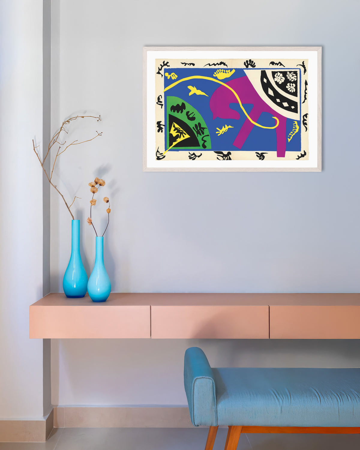 Poster Pferd, Reiter und Clown (Jazz, 1947) von Henri Matisse, mit weißem Holzrahmen