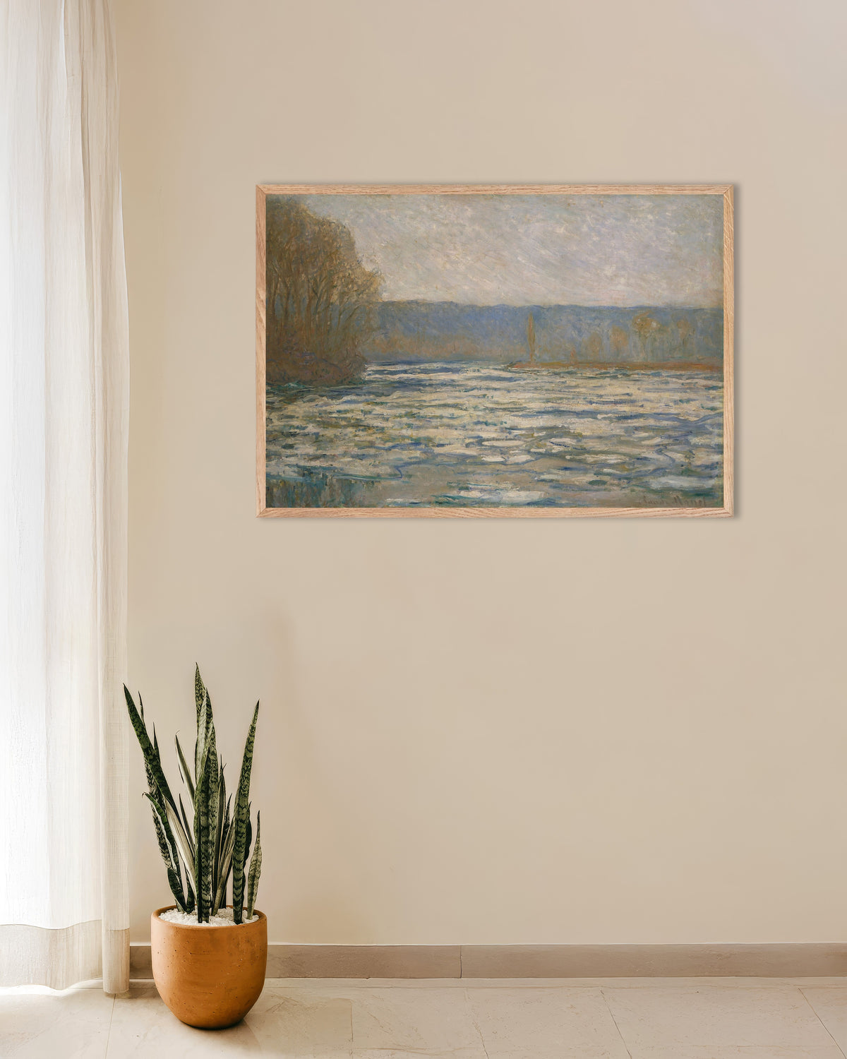Poster Eisgang auf der Seine bei Bennecourt (1893) von Claude Monet mit naturfarbenem Holzrahmen