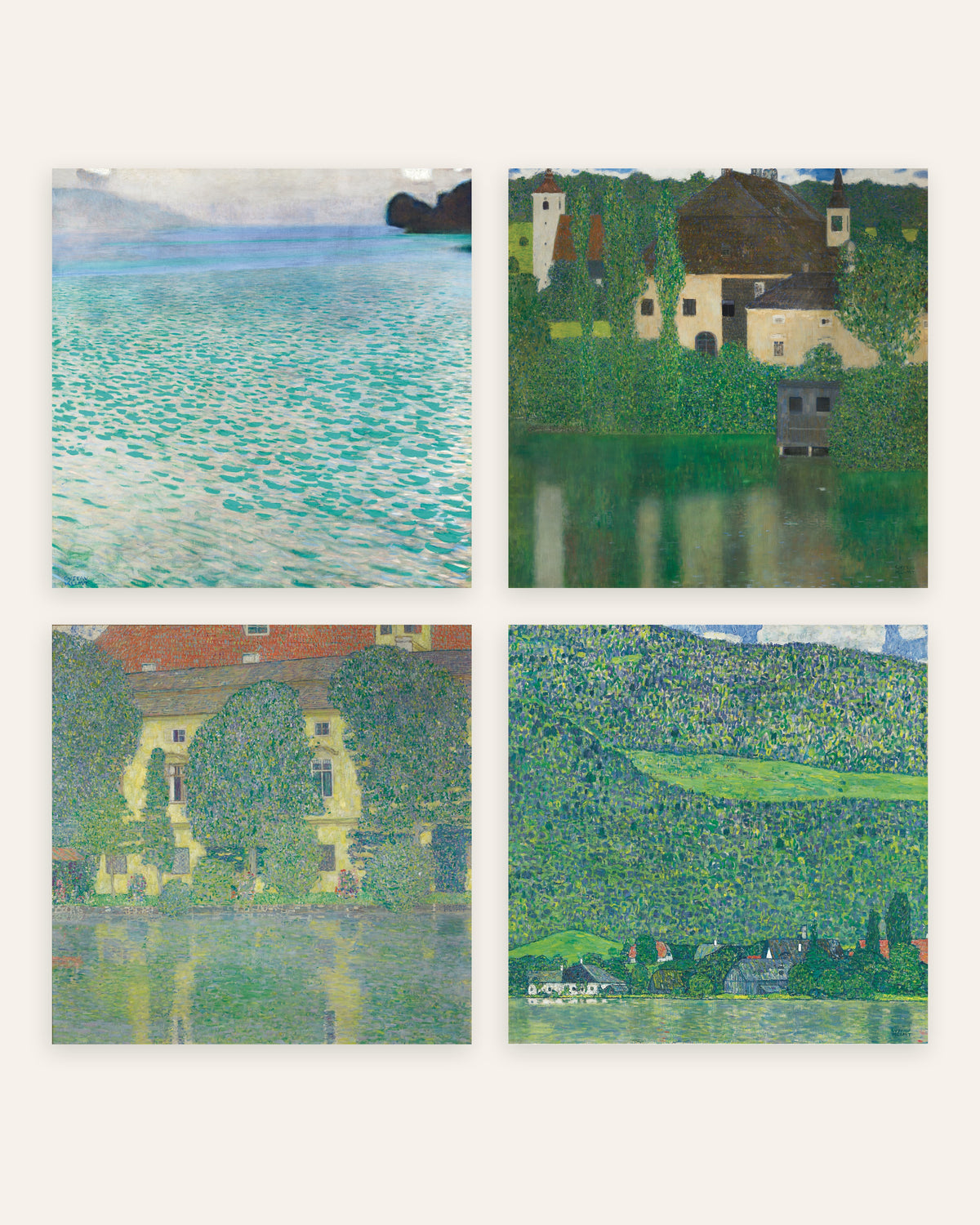 Klimt Poster 4er-Set: Attersee, Wasserschloss, Schloss Kammer und Litzlberg, ohne Rahmen