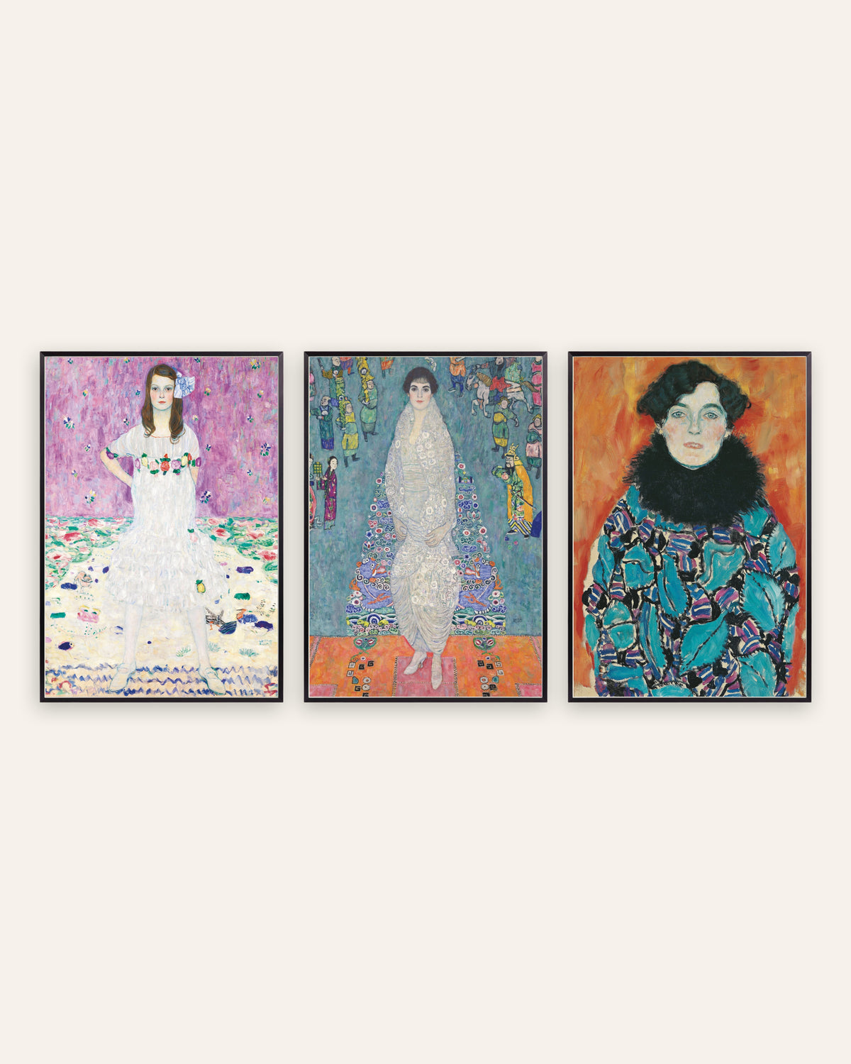 Klimt Poster 3er-Set Porträts: Mäda Primavesi, Elisabeth Lederer und Johanna Staude, in schwarzen Metallrahmen