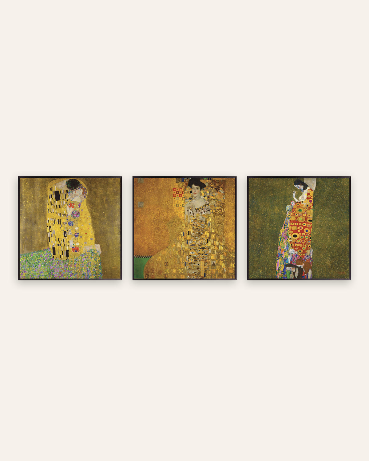 Klimt Poster 3er-Set: Der Kuss, Adele Bloch-Bauer I und Die Hoffnung II, in schwarzen Metallrahmen