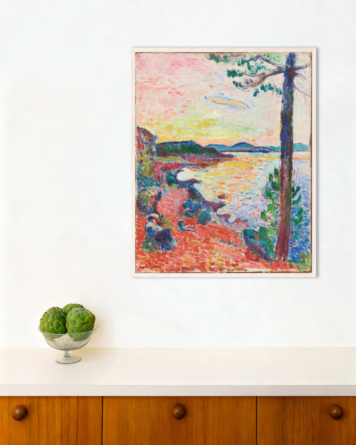 Poster mit dem Titel „Le Goûter, Der Golf von Saint-Tropez (1904) von Henri Matisse“, mit weißem Holzrahmen