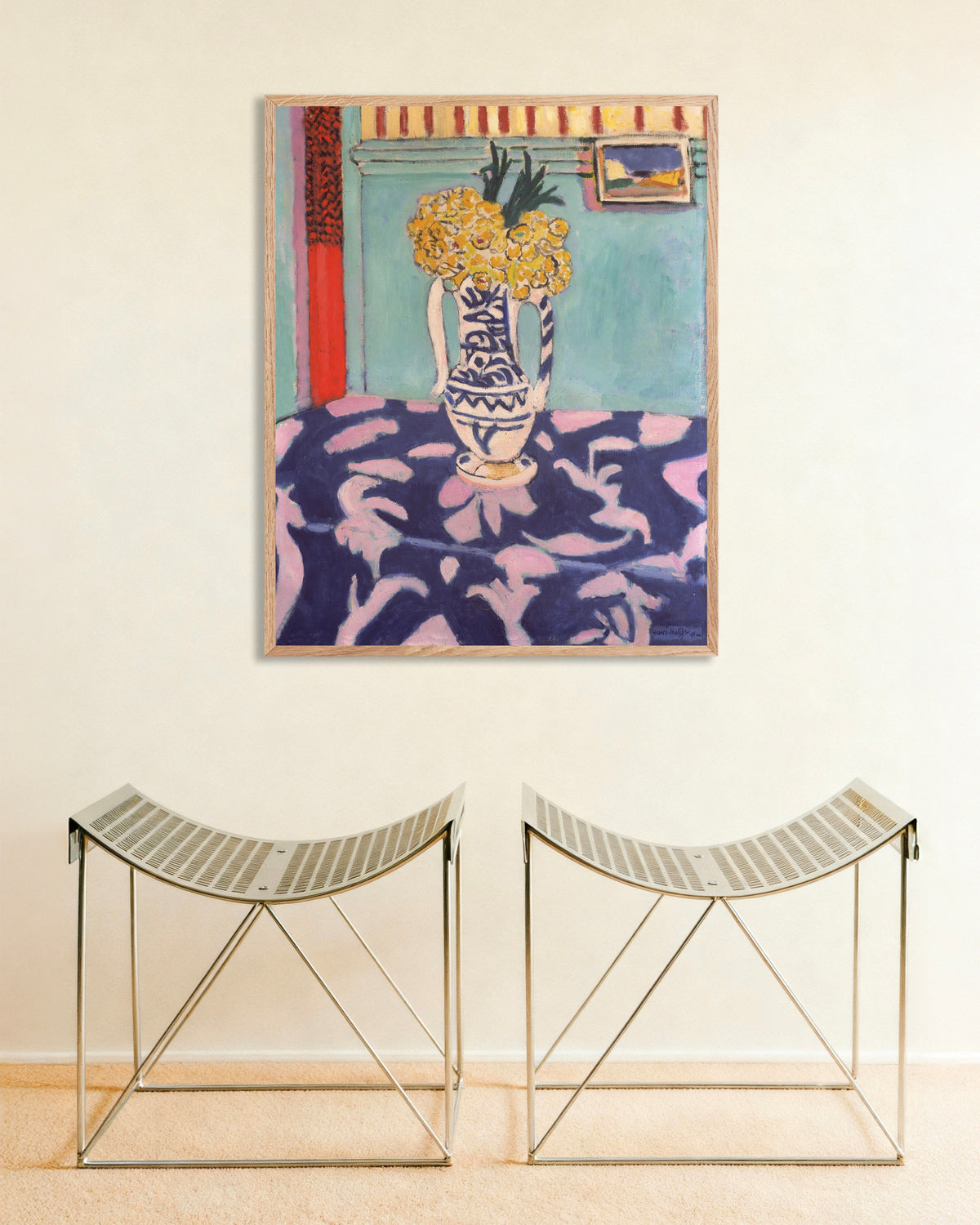 Poster von Die Kuckucke, blauer und rosafarbener Teppich (1911) von Henri Matisse mit naturfarbenem Holzrahmen