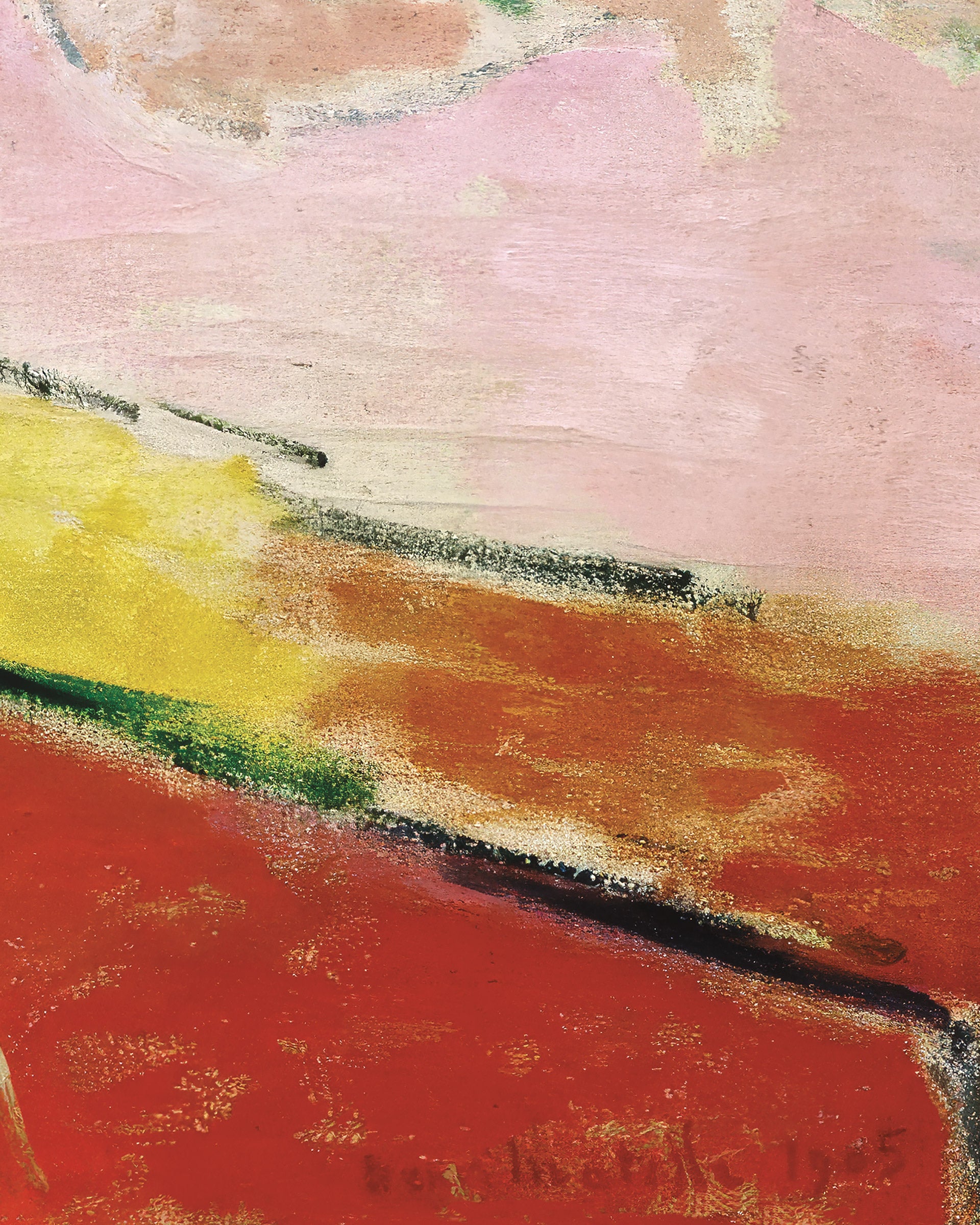 Abstract pastel painting by Henri Matisse with textured brushstrokes in pink, yellow, orange-red, green, and black, with a visible artist signature at the bottom. Signed "Henri Matisse".