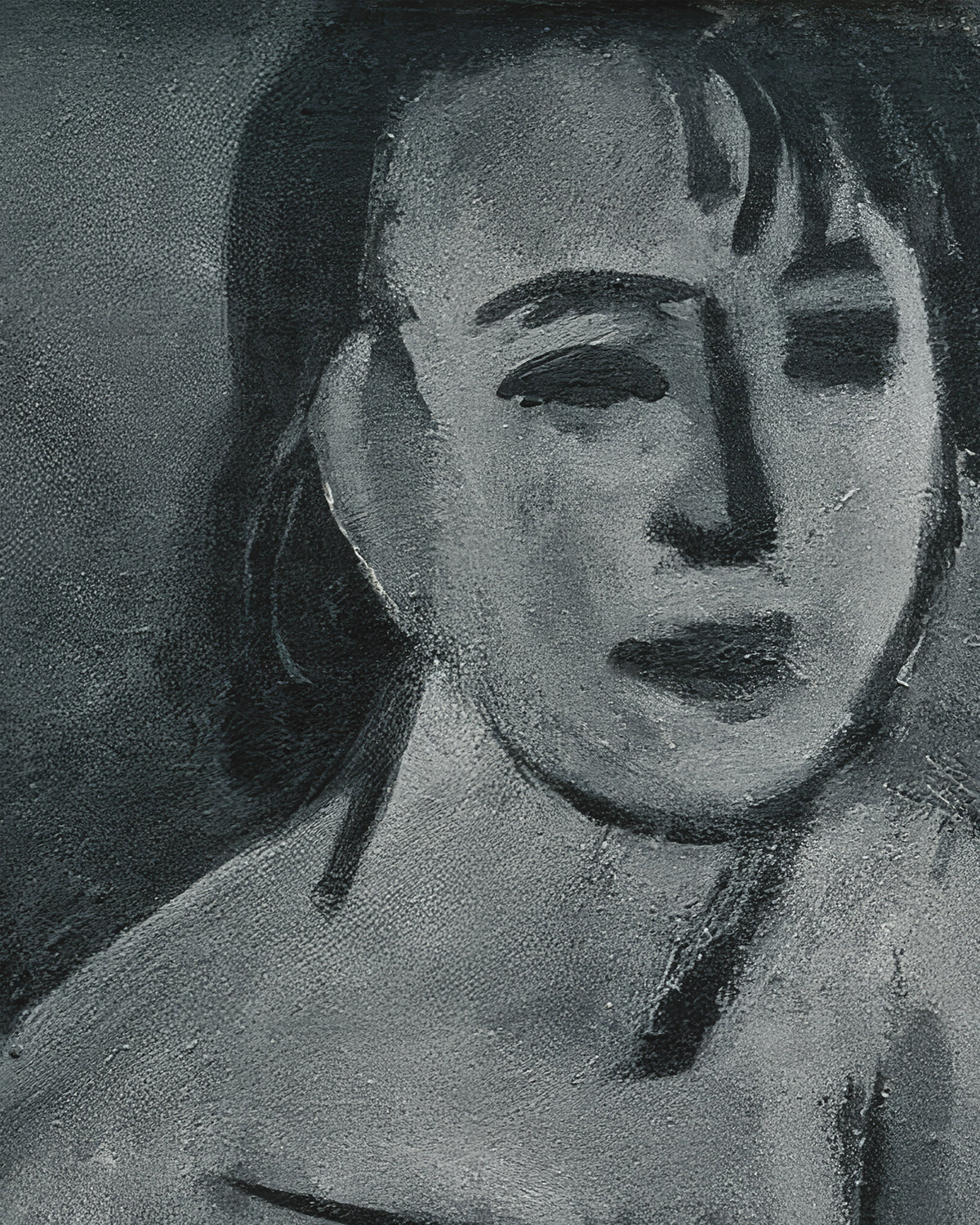 Ein monochrom gemaltes Porträt des Gesichts und der oberen Schultern einer Frau, in grauen Pinselstrichen vor einem dunkelgrauen Hintergrund dargestellt.
