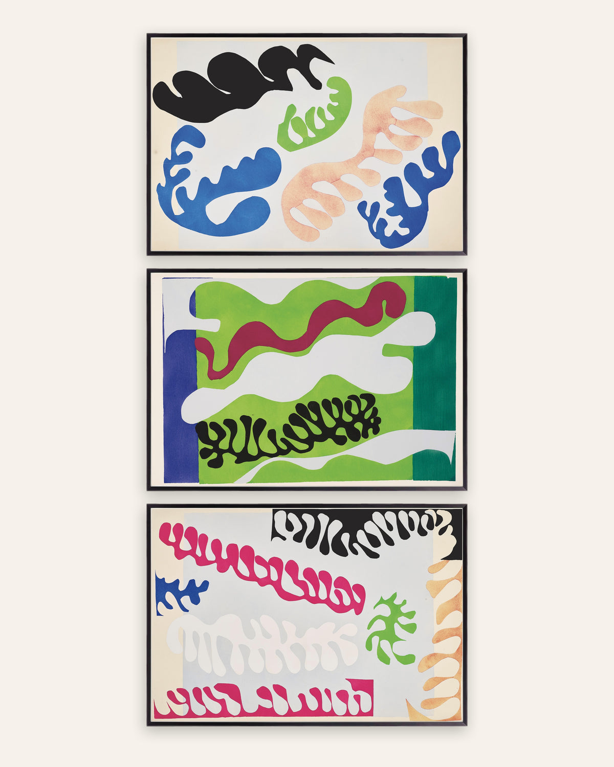 Matisse Jazz Poster 3er-Set: Die Lagune in Blau, Grün und Rosa, in schwarzen Metallrahmen