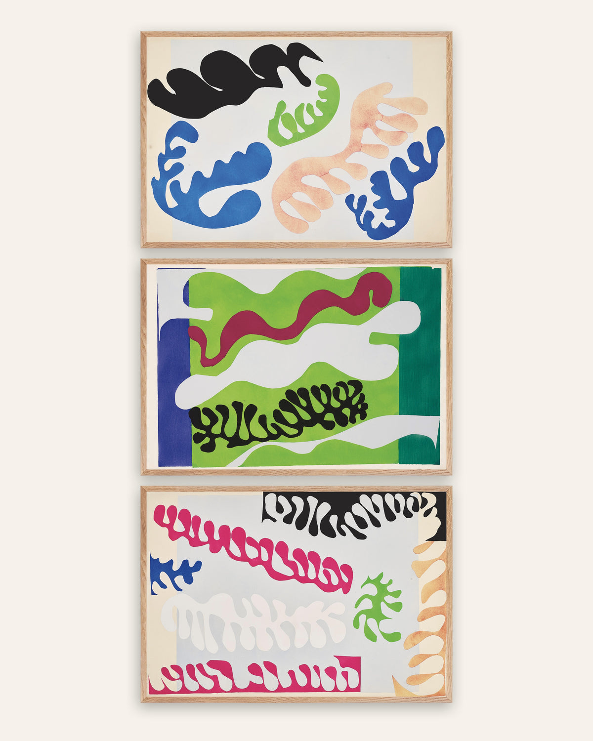 Matisse Jazz Poster 3er-Set: Die Lagune in Blau, Grün und Rosa, in Rahmen aus Natureiche