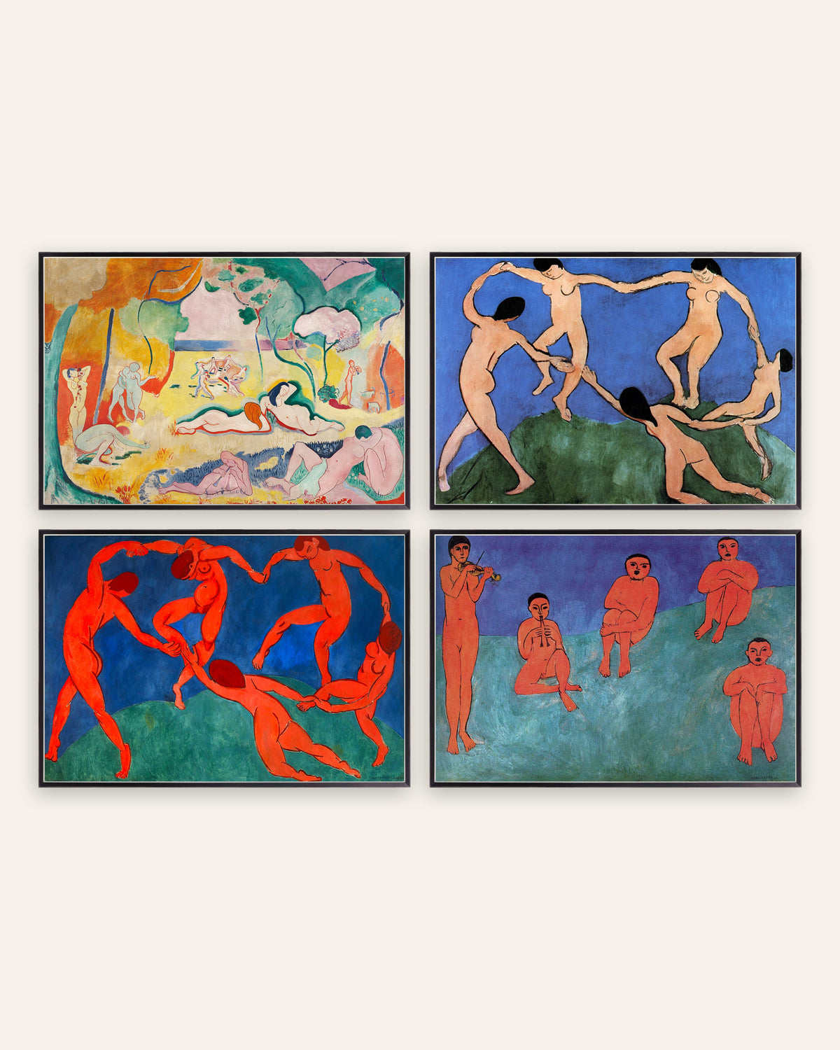 Matisse Poster 4er-Set: Die Lebensfreude, Der Tanz I und II und Musik, in schwarzen Metallrahmen
