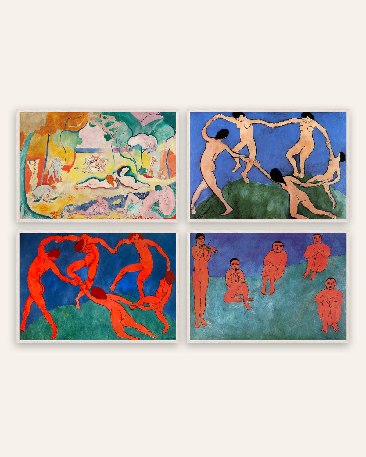 Matisse Poster 4er-Set: Die Lebensfreude, Der Tanz I und II und Musik, in weißen Eichenrahmen