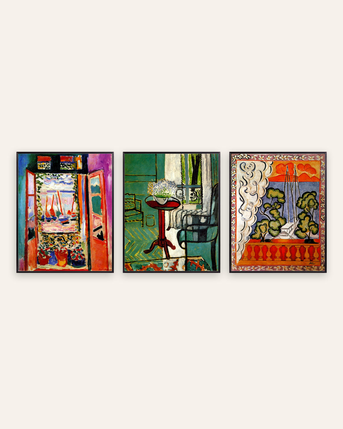 Matisse Poster 3er-Set: Fenster in Collioure, mit Vergissmeinnicht und auf Tahiti, in schwarzen Metallrahmen
