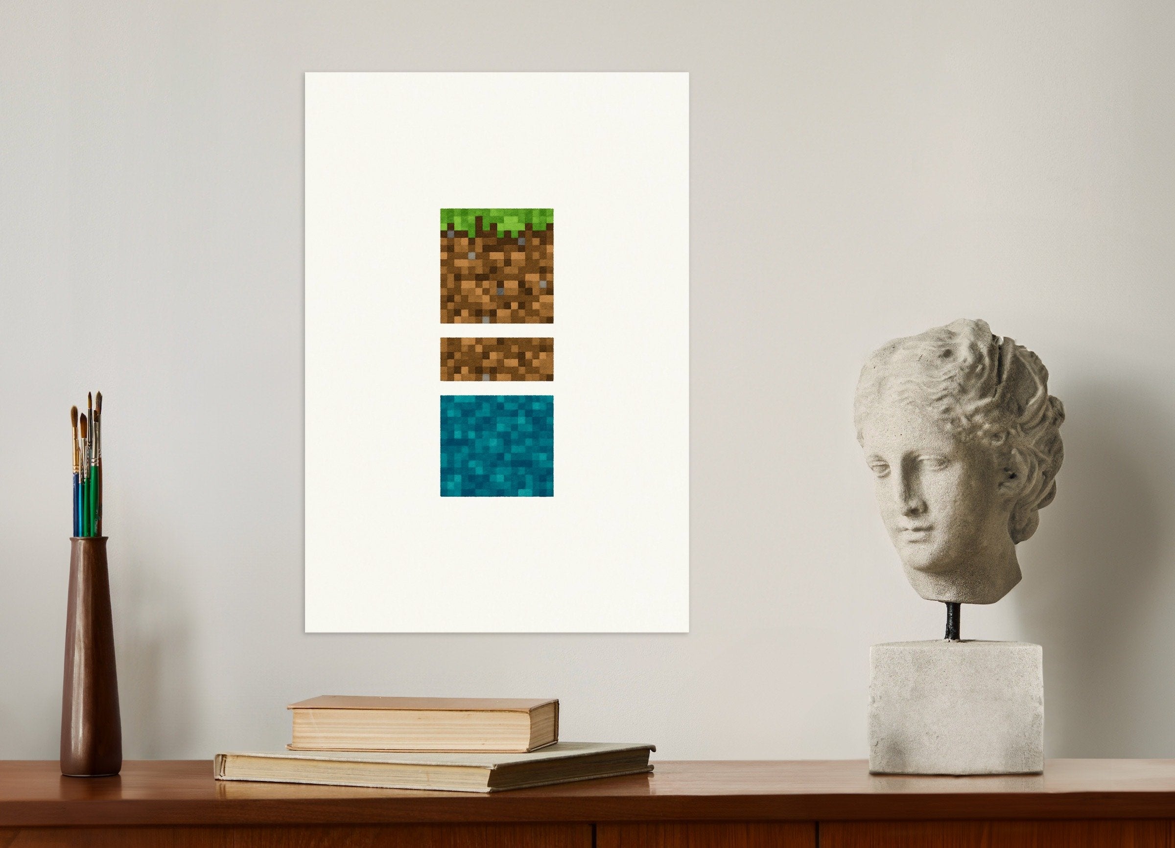 Poster of Minecraft Blocks Trio – grass, dirt, and water poster