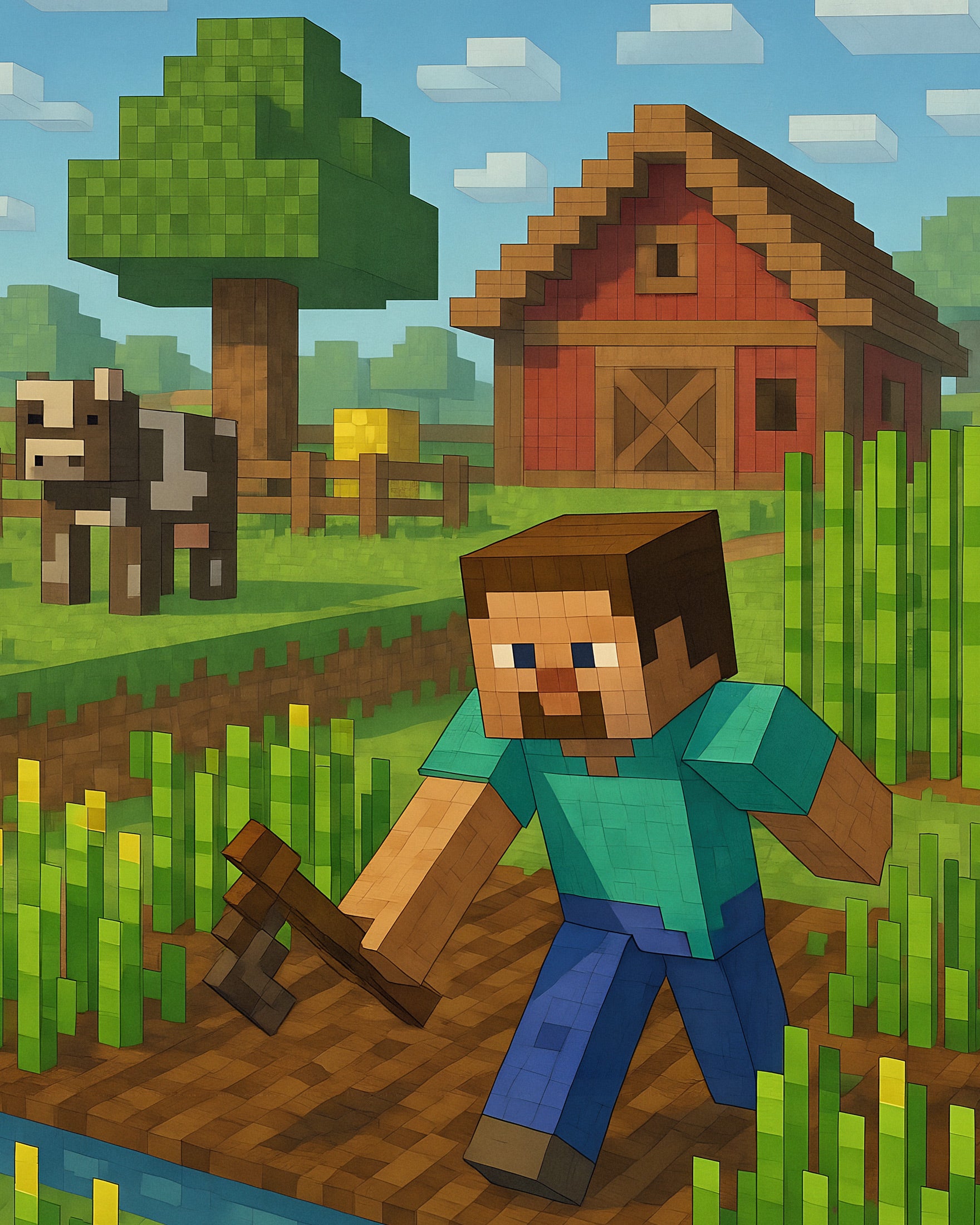 Minecraft Farm Szene – Felder, Scheune & Feldfrüchte poster