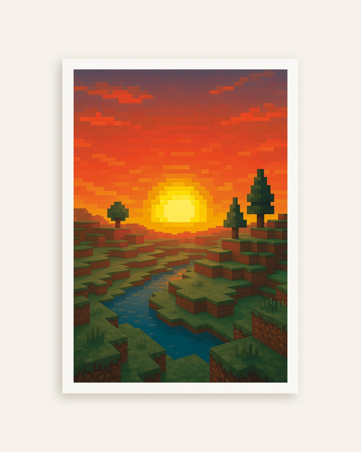 Poster „Sonnenuntergang – Poster für Pixel-Art-Fans mit Fluss und Bäumen“, Miniaturansicht