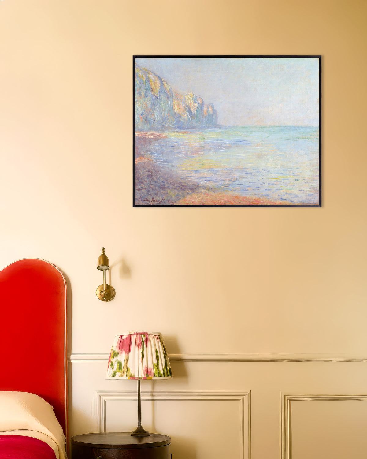 Poster Morgen, nebliges Wetter, Pourville (1882) von Claude Monet mit Metallrahmen