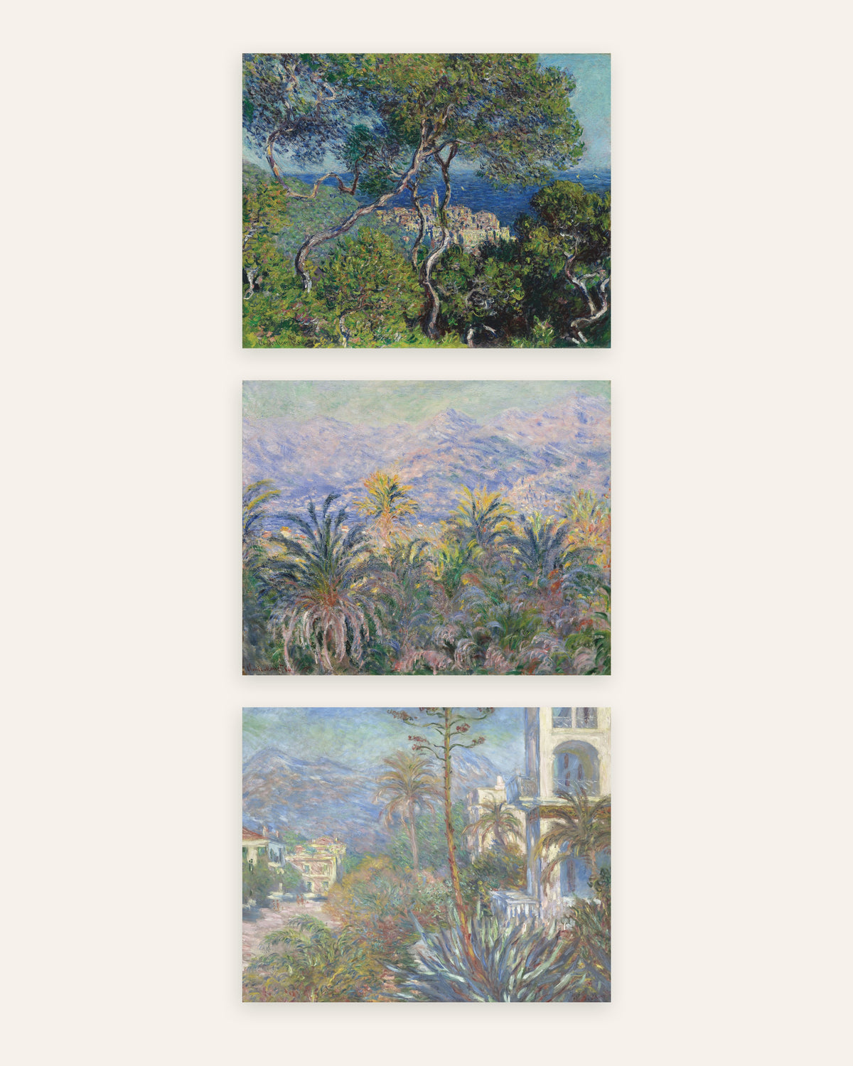 Monet Bordighera Poster 3er-Set: Pinien, Palmen und Villen der Riviera, ohne Rahmen