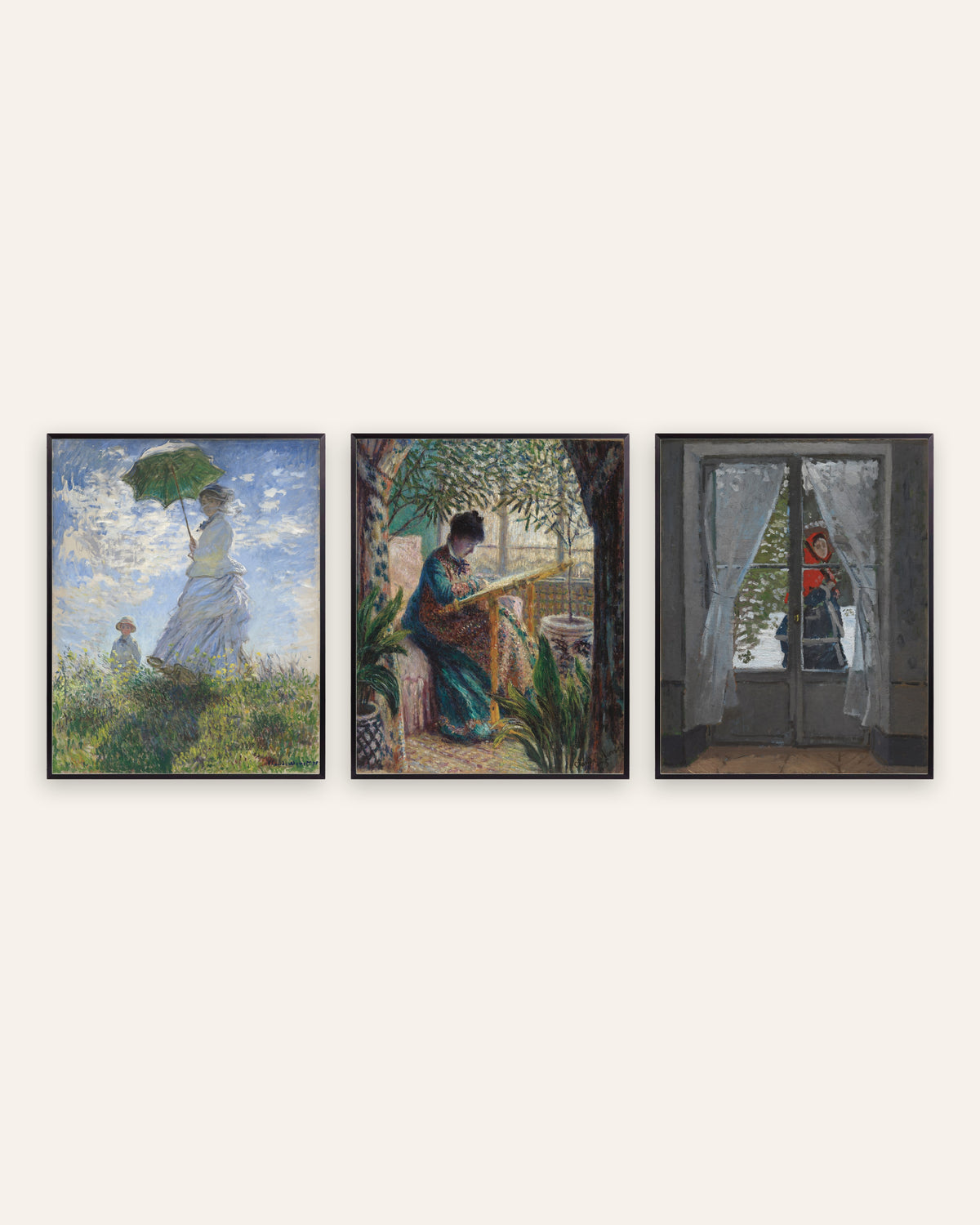 Monet Camille Poster 3er-Set: Frau mit Sonnenschirm und rotes Kopftuch, in schwarzen Metallrahmen