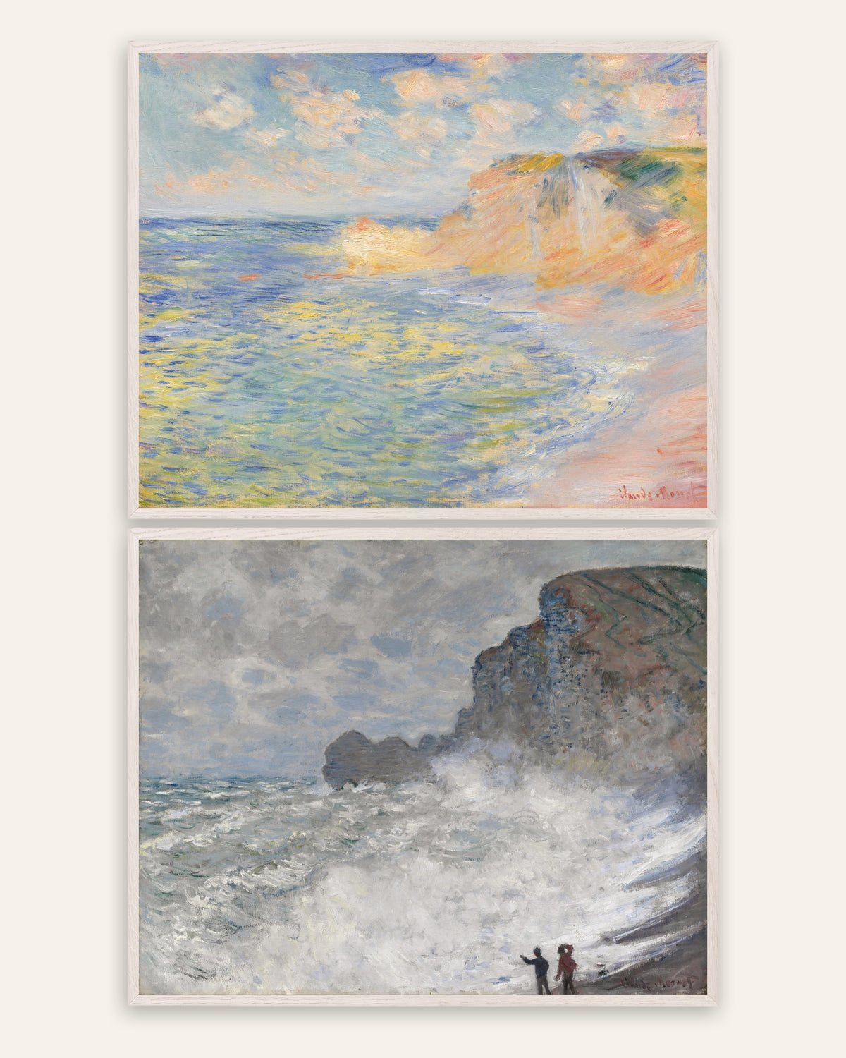 Monet Étretat Poster 2er-Set: Falaise d’Amont und stürmisches Wetter, in weißen Eichenrahmen