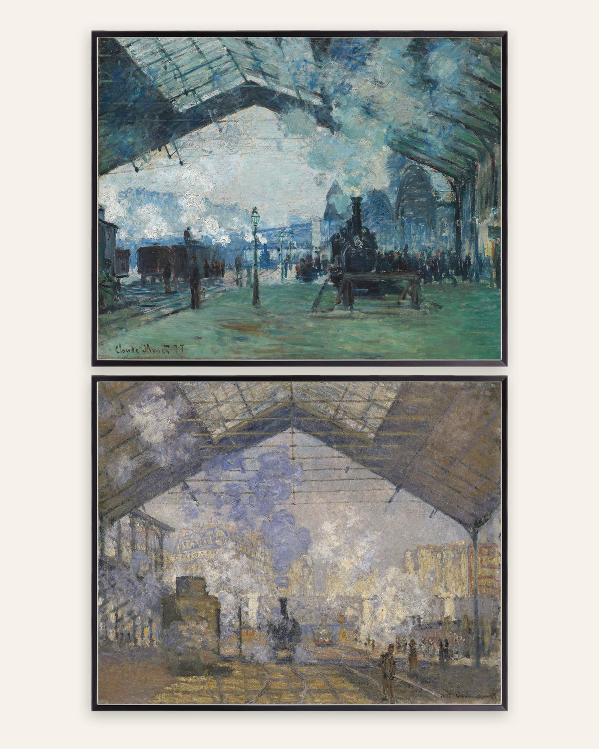 Monet Gare Saint-Lazare Poster 2er-Set: Dampf und Züge, in schwarzen Metallrahmen