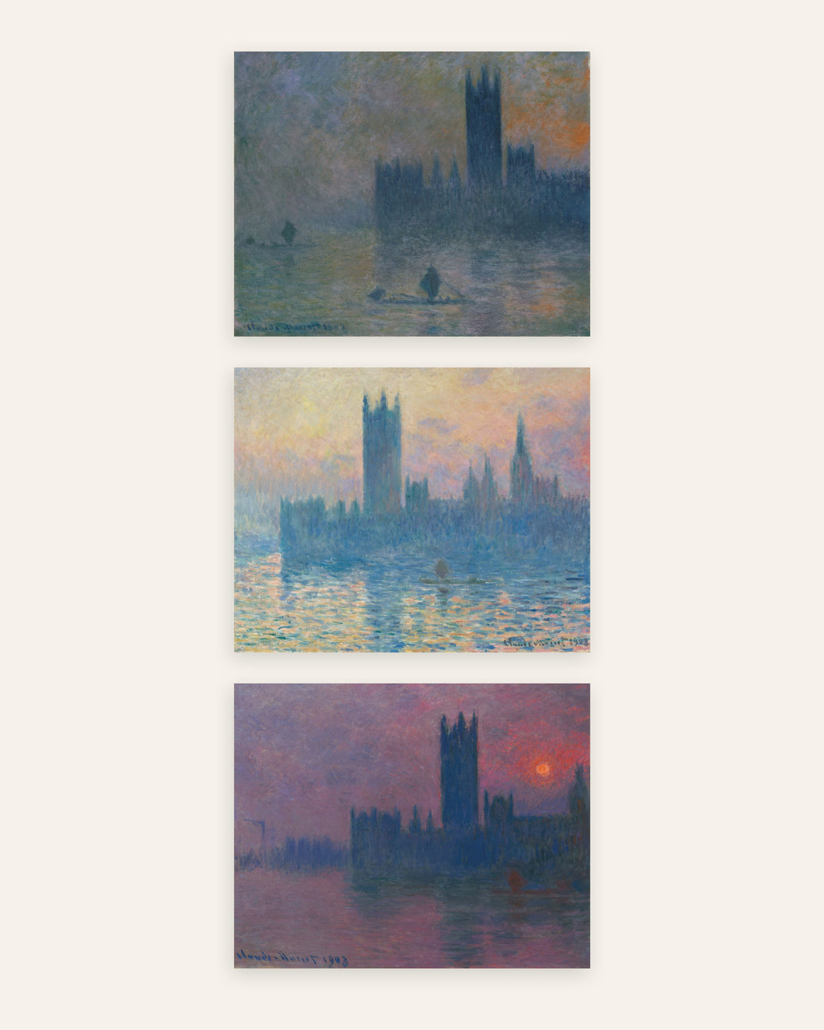 Monet Parlament London Poster 3er-Set: Nebel und Sonnenuntergang, ohne Rahmen