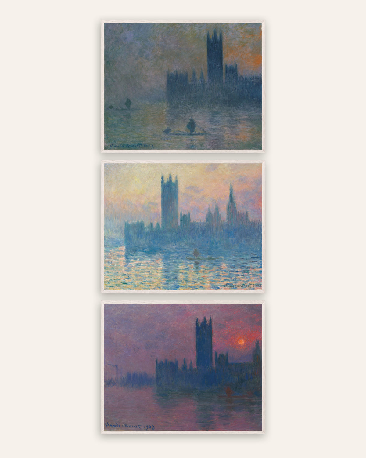 Monet Parlament London Poster 3er-Set: Nebel und Sonnenuntergang, in weißen Eichenrahmen