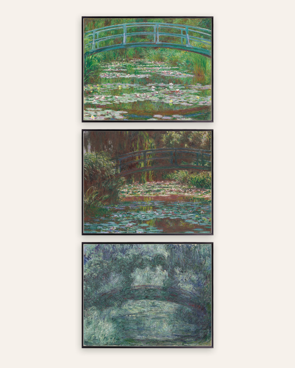 Monet Japanische Brücke Poster 3er-Set: Giverny, 1899 bis 1924, in schwarzen Metallrahmen