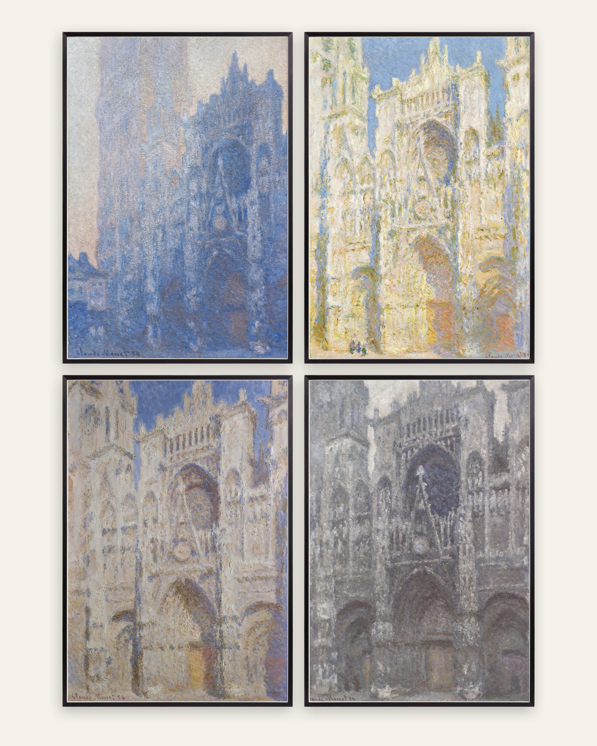 Monet Kathedrale von Rouen Poster 4er-Set: vom Morgen bis zum grauen Wetter, in schwarzen Metallrahmen