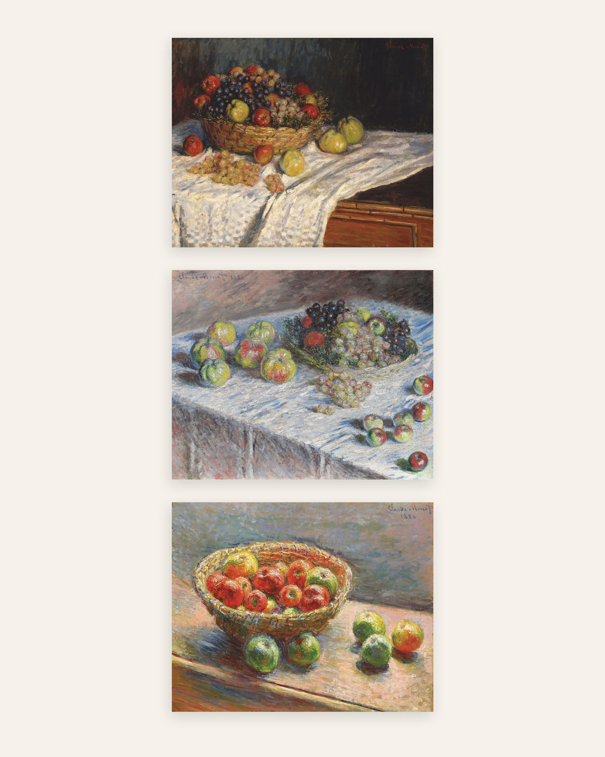 Monet Stillleben Poster 3er-Set: Äpfel, Trauben und Apfelkorb, ohne Rahmen