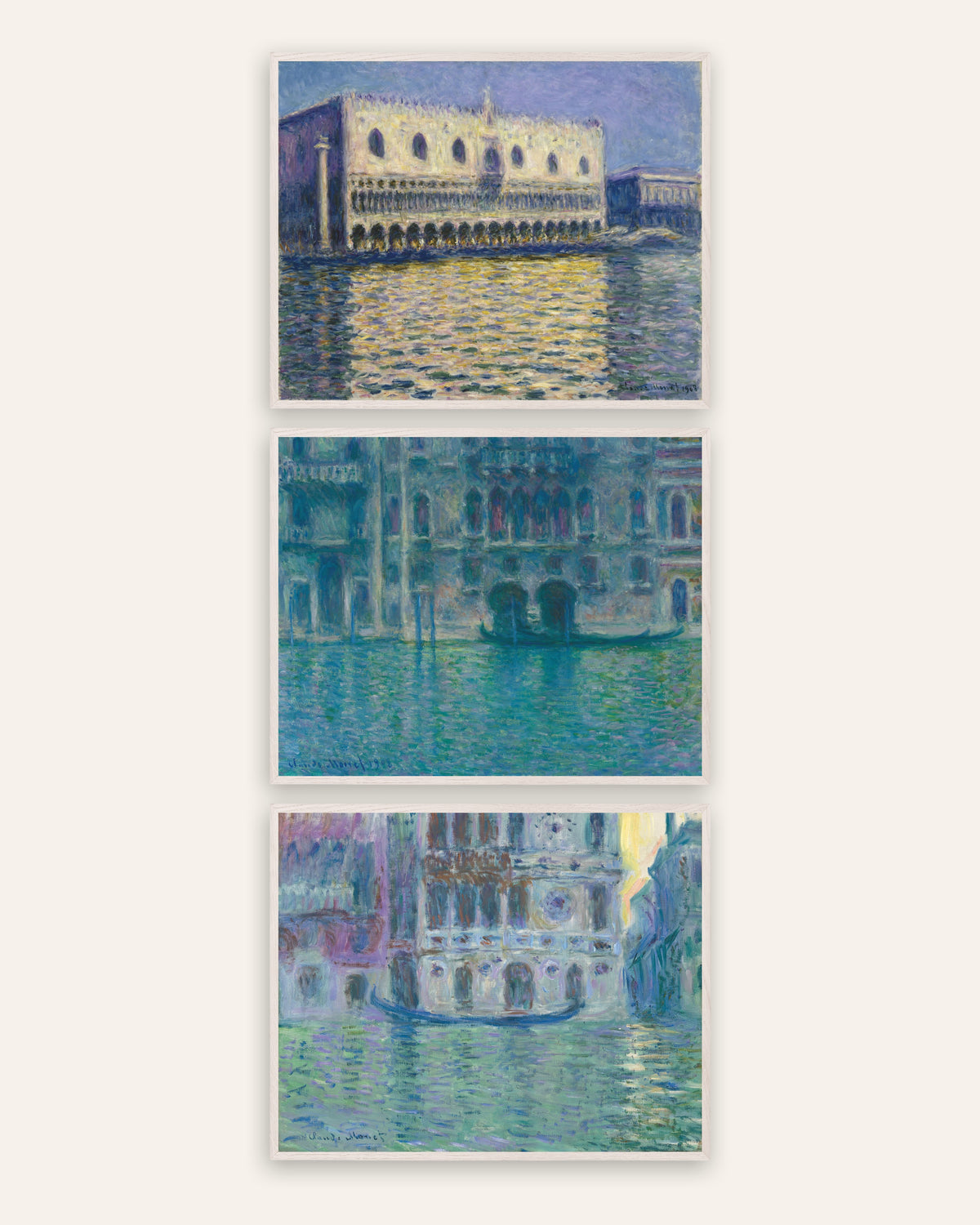 Monet Venedig Poster 3er-Set: Dogenpalast, Palazzo da Mula und Dario, in weißen Eichenrahmen