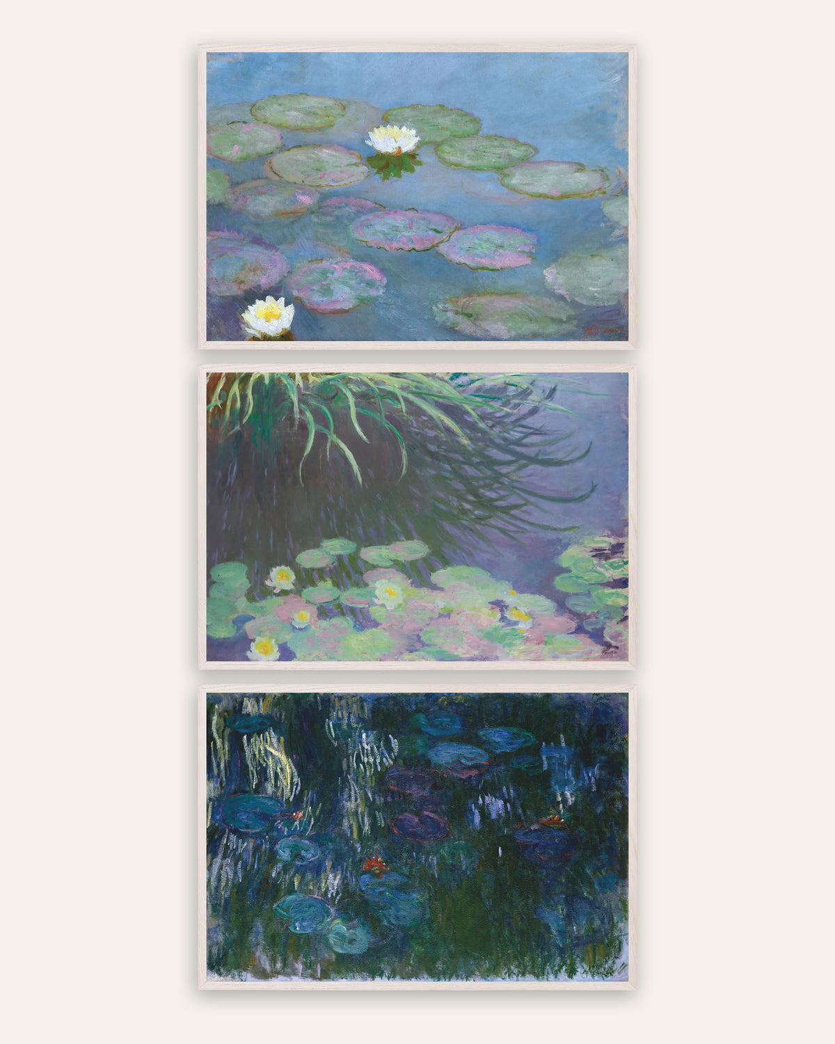 Monet Seerosen Poster 3er-Set: frühe und späte Panoramen, in weißen Eichenrahmen