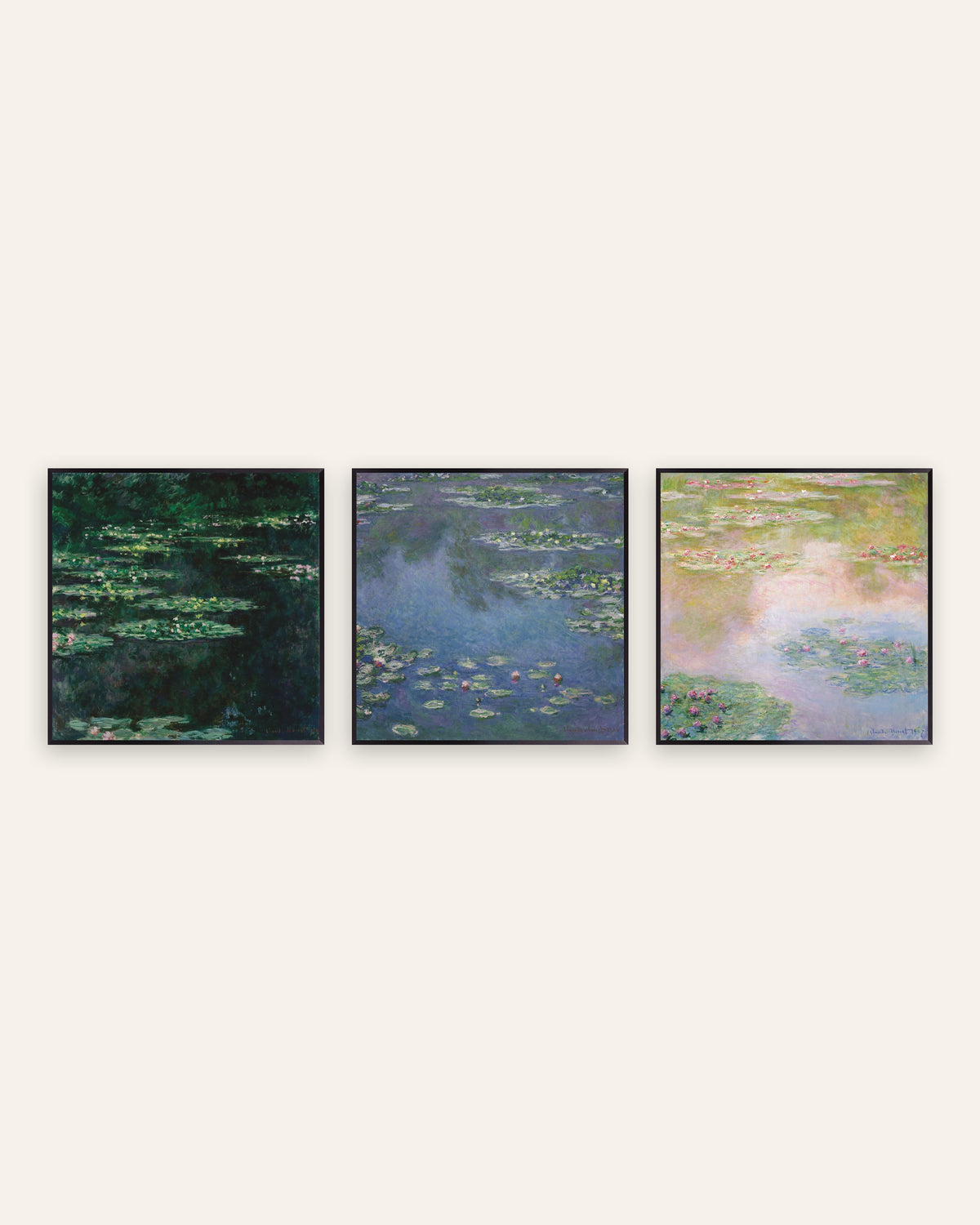 Monet Seerosen Poster 3er-Set: quadratische Ansichten des Teichs, in schwarzen Metallrahmen