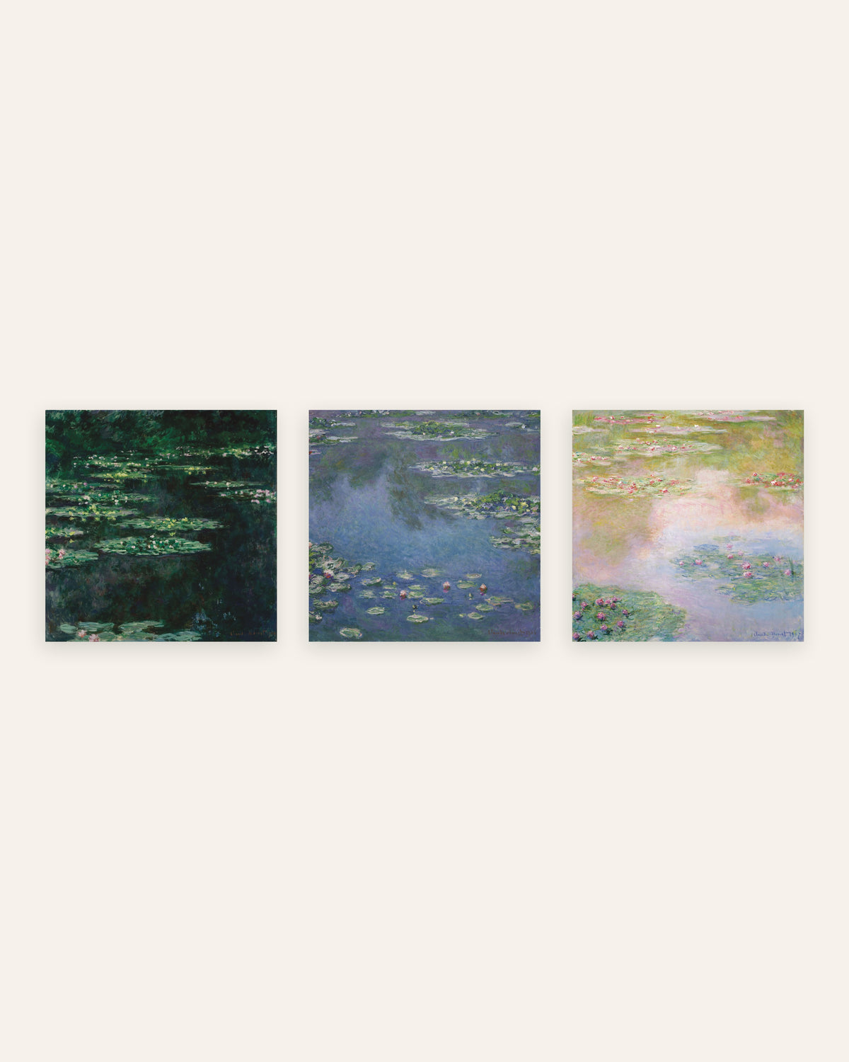 Monet Seerosen Poster 3er-Set: quadratische Ansichten des Teichs, ohne Rahmen