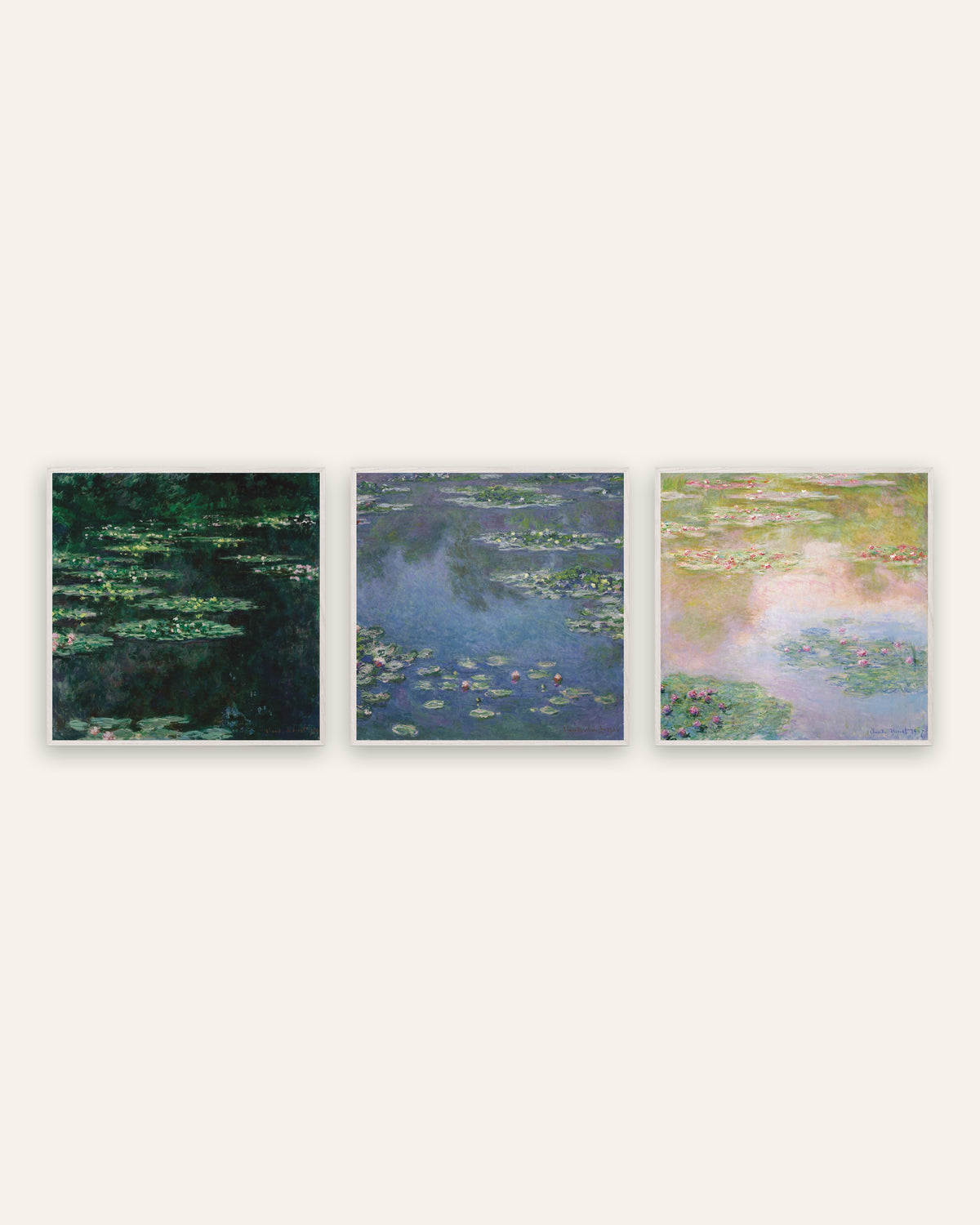 Monet Seerosen Poster 3er-Set: quadratische Ansichten des Teichs, in weißen Eichenrahmen