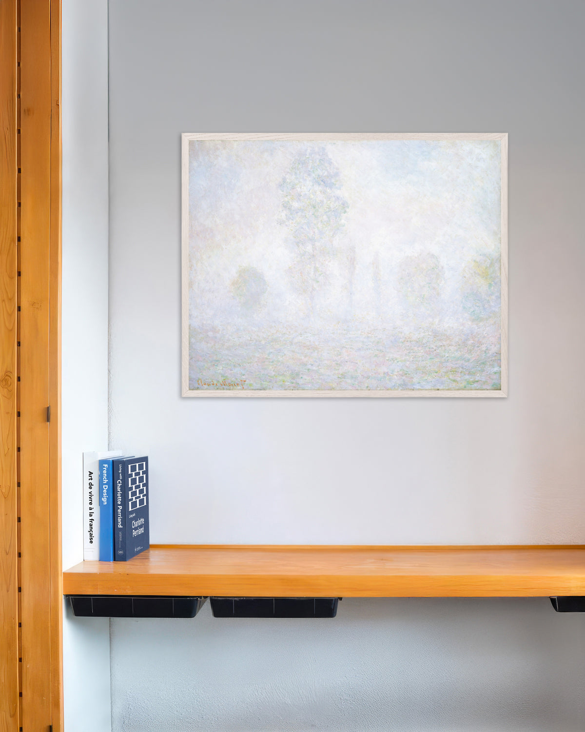 Poster Morgennebel (1888) von Claude Monet mit weißem Holzrahmen