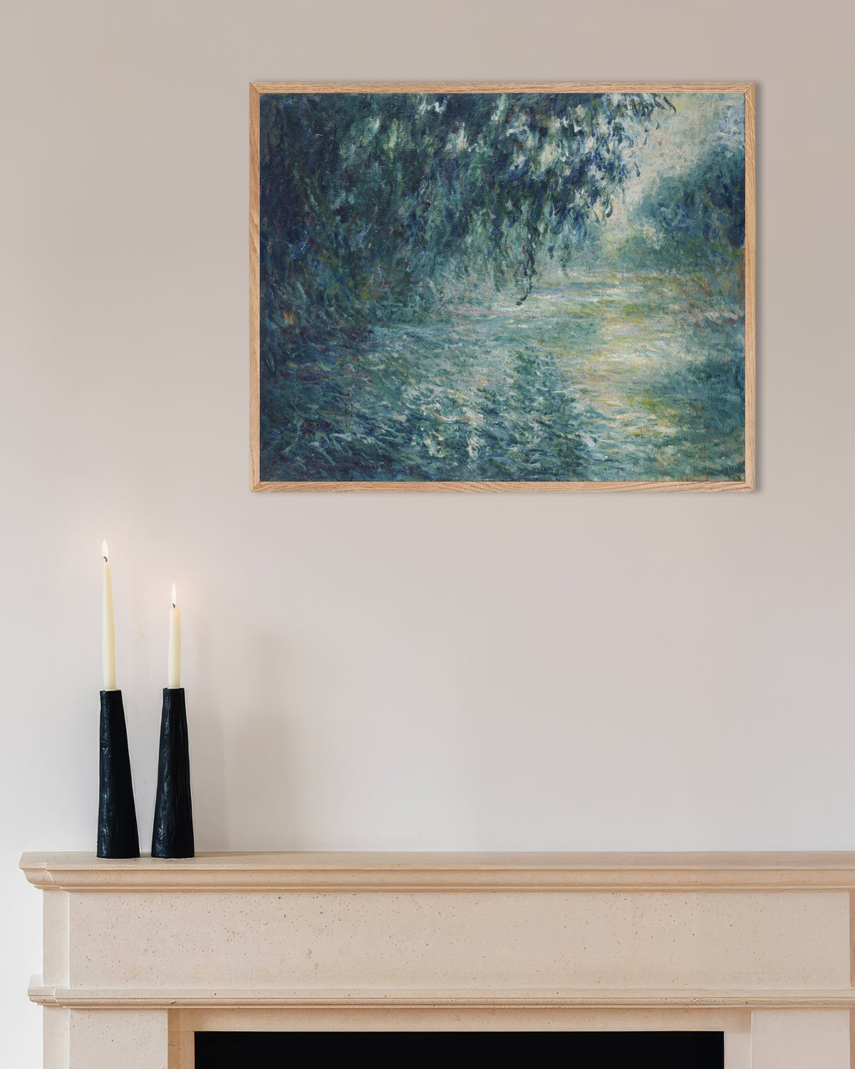 Poster Morgen an der Seine (1898) von Claude Monet mit naturfarbenem Holzrahmen