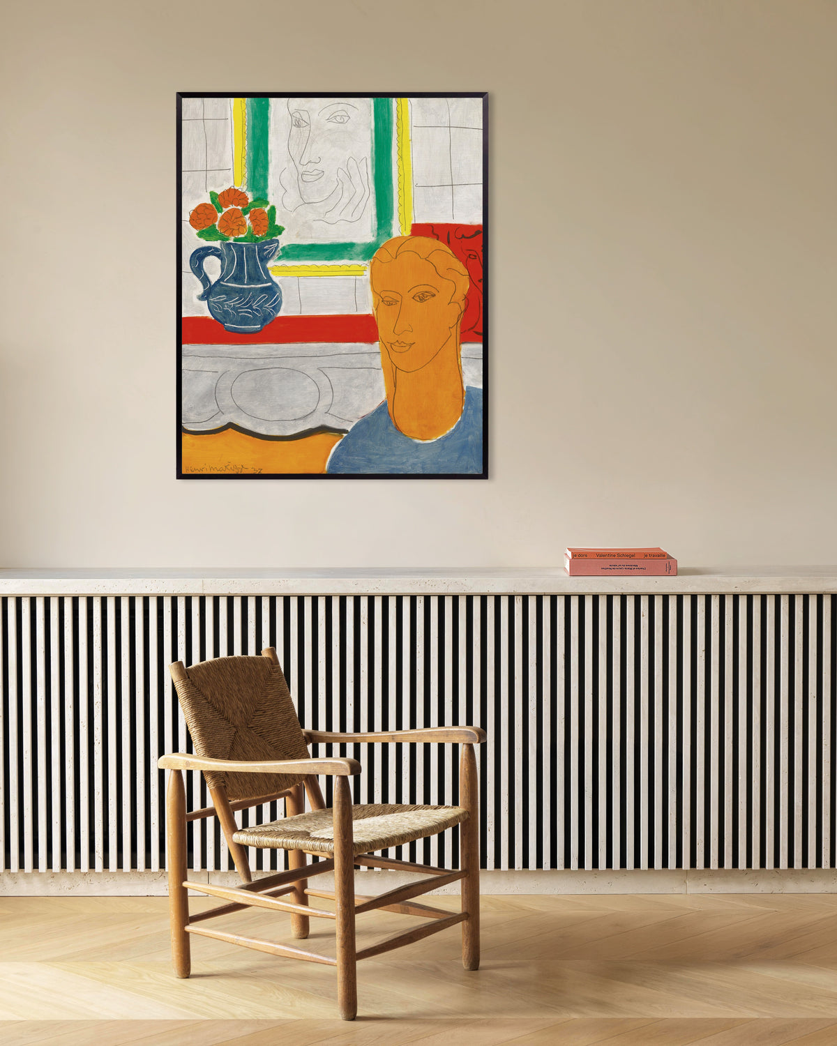 Poster Ockerfarbener Kopf (Figur und Blumenstrauß) (1937) von Henri Matisse, mit Metallrahmen