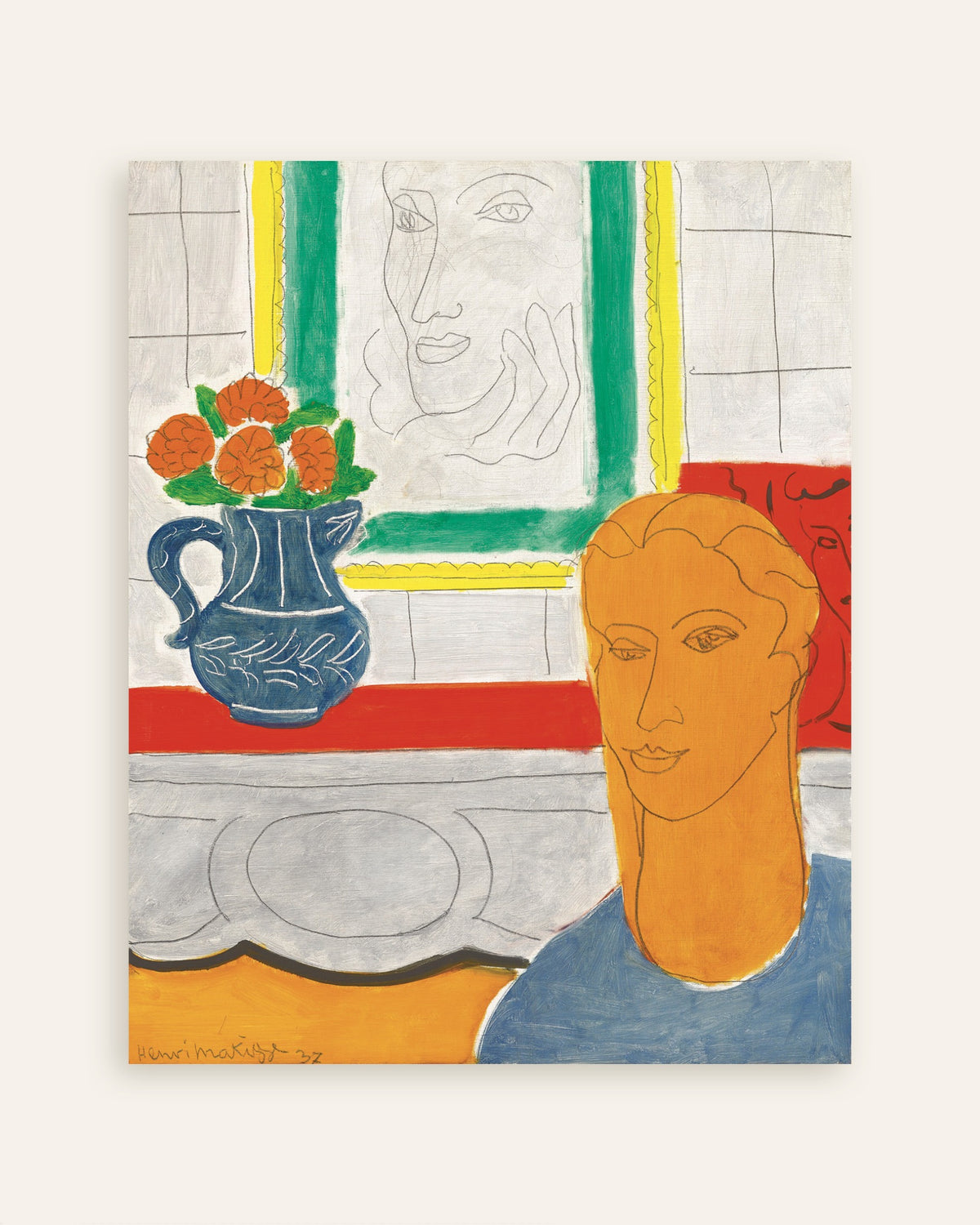 Poster Ockerfarbener Kopf (Figur und Blumenstrauß) (1937) von Henri Matisse, Miniaturansicht