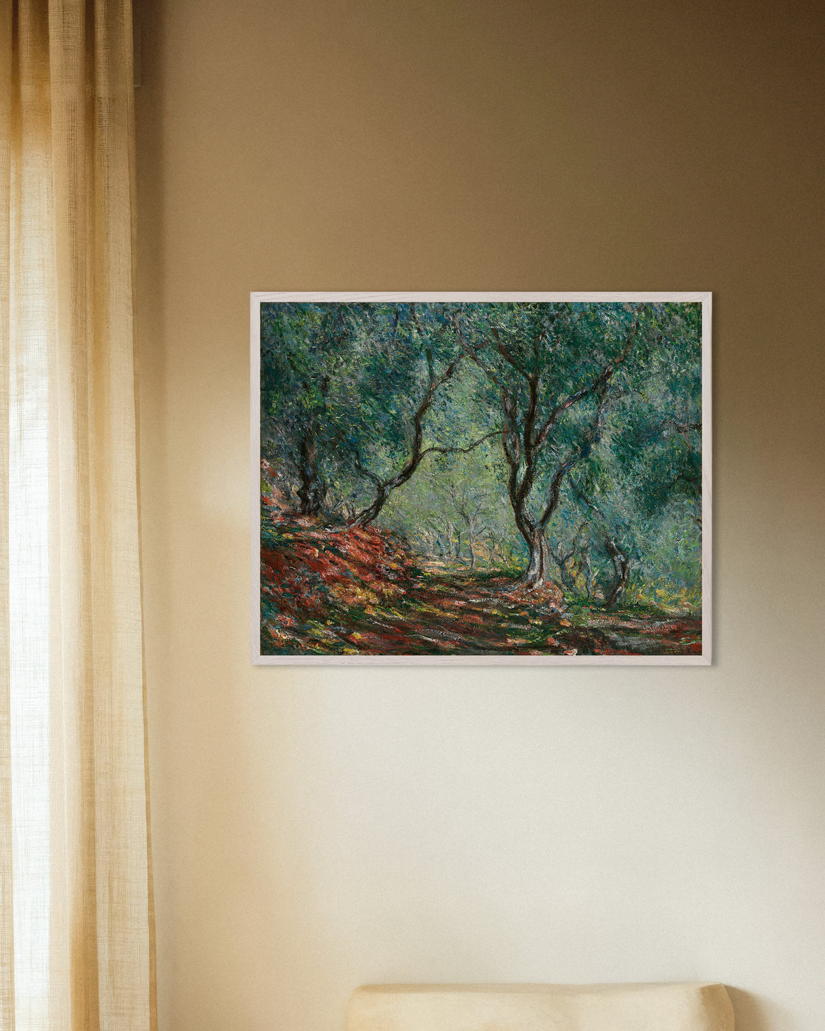 Poster Olivenhain im Garten Moreno (1884) von Claude Monet mit weißem Holzrahmen