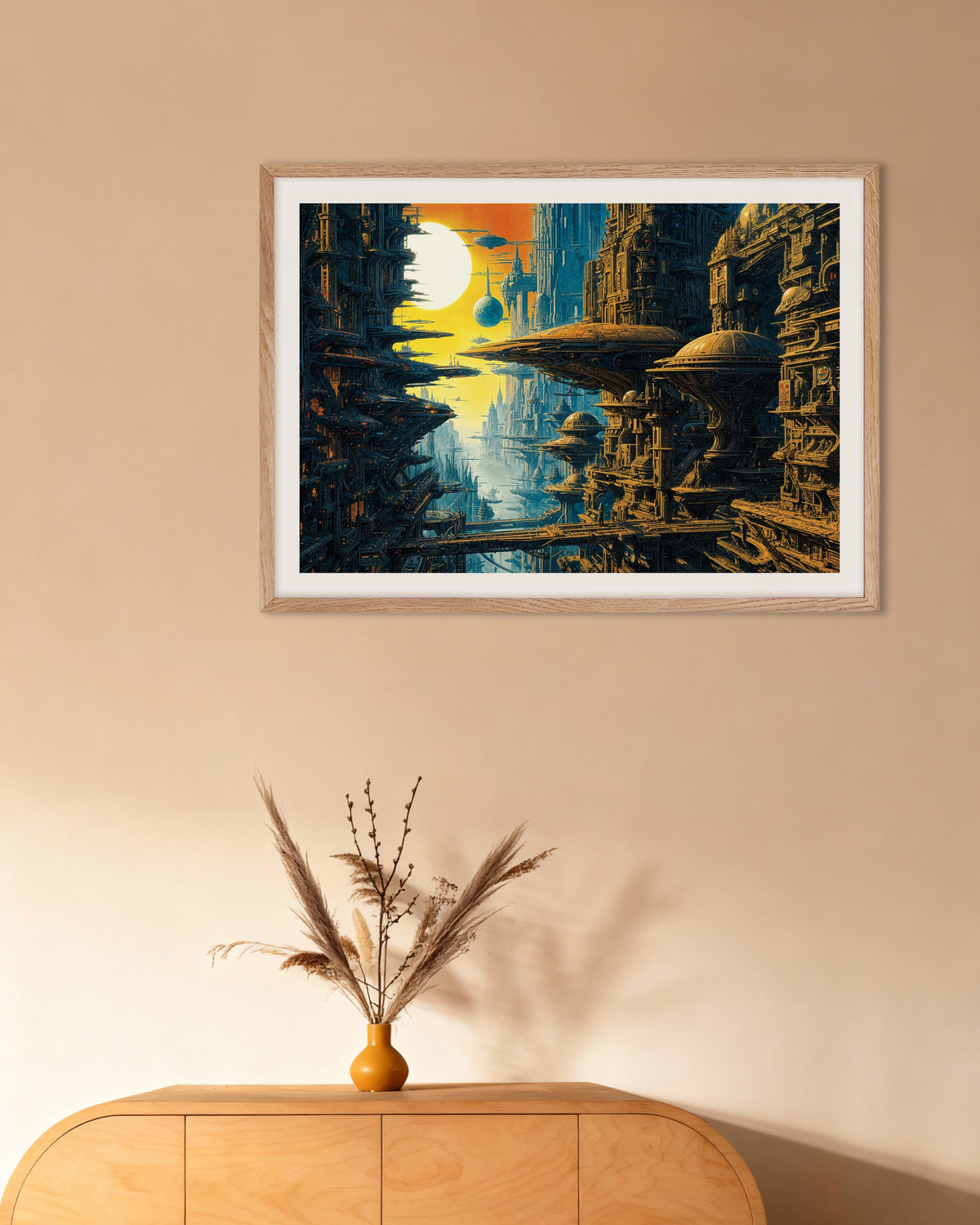 Poster „Andere Welten als diese – Hommage an Métal Hurlant 03“, Poster mit naturfarbenem Holzrahmen