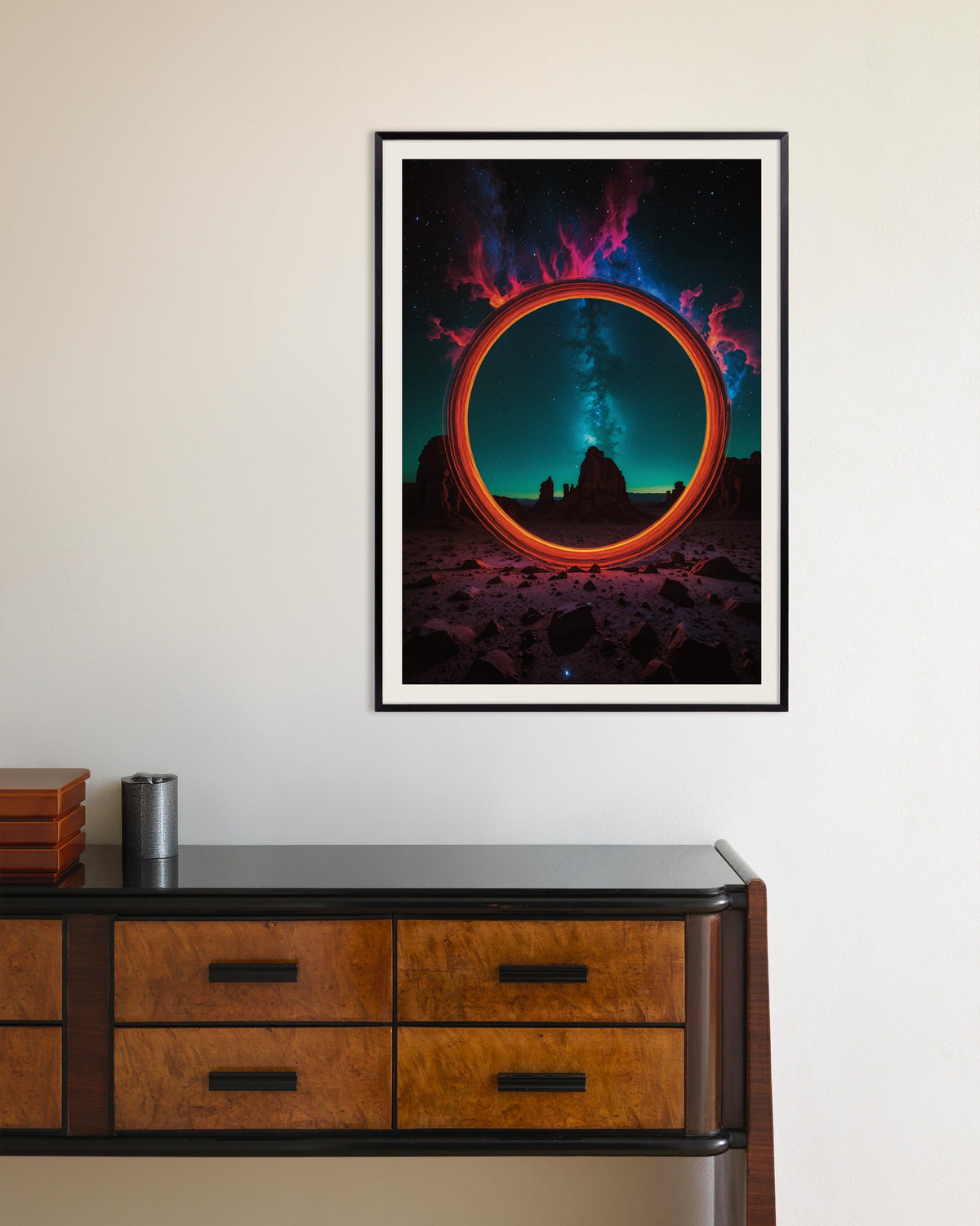 Poster: Fotolabor, leuchtendes Neon, Kreis der Zeit mit Metallrahmen