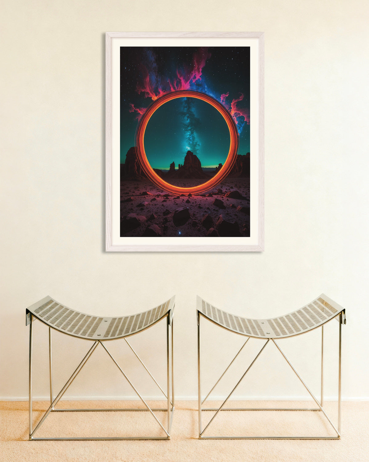 Poster: Fotolabor, leuchtendes Neon, Kreis der Zeit mit weißem Holzrahmen
