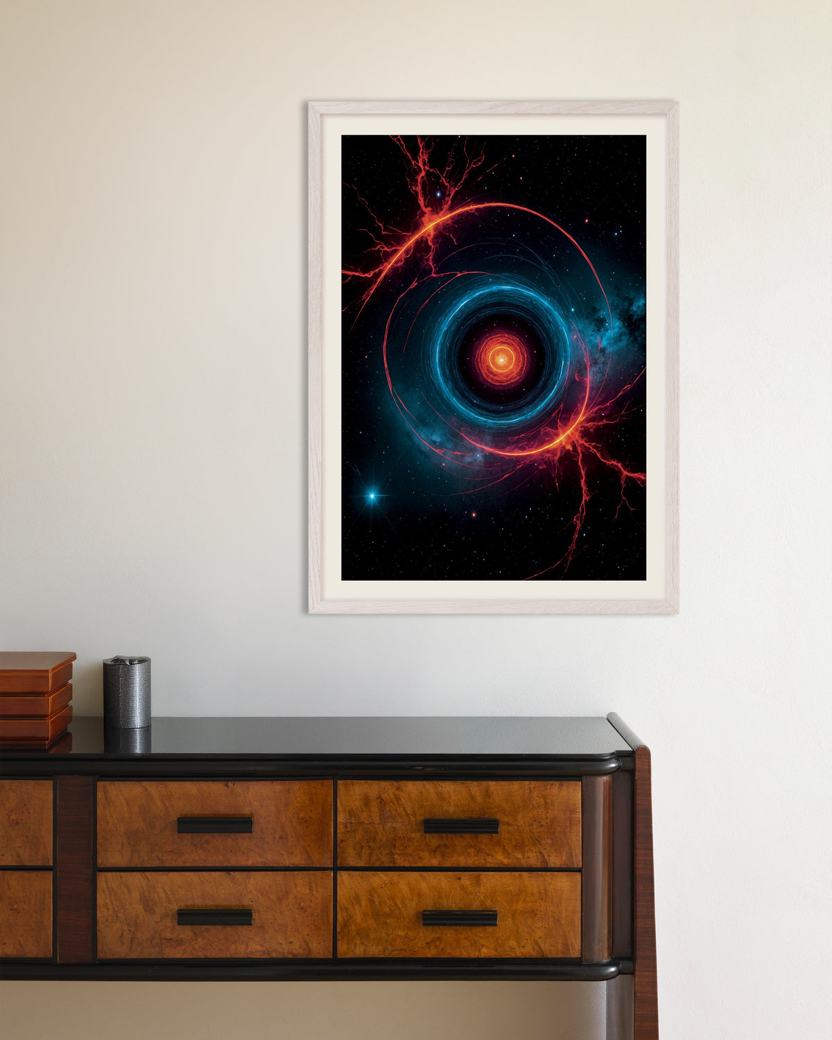 Poster „Fotolabor: leuchtendes Neon, Phänomen im Weltraum“ mit weißem Holzrahmen