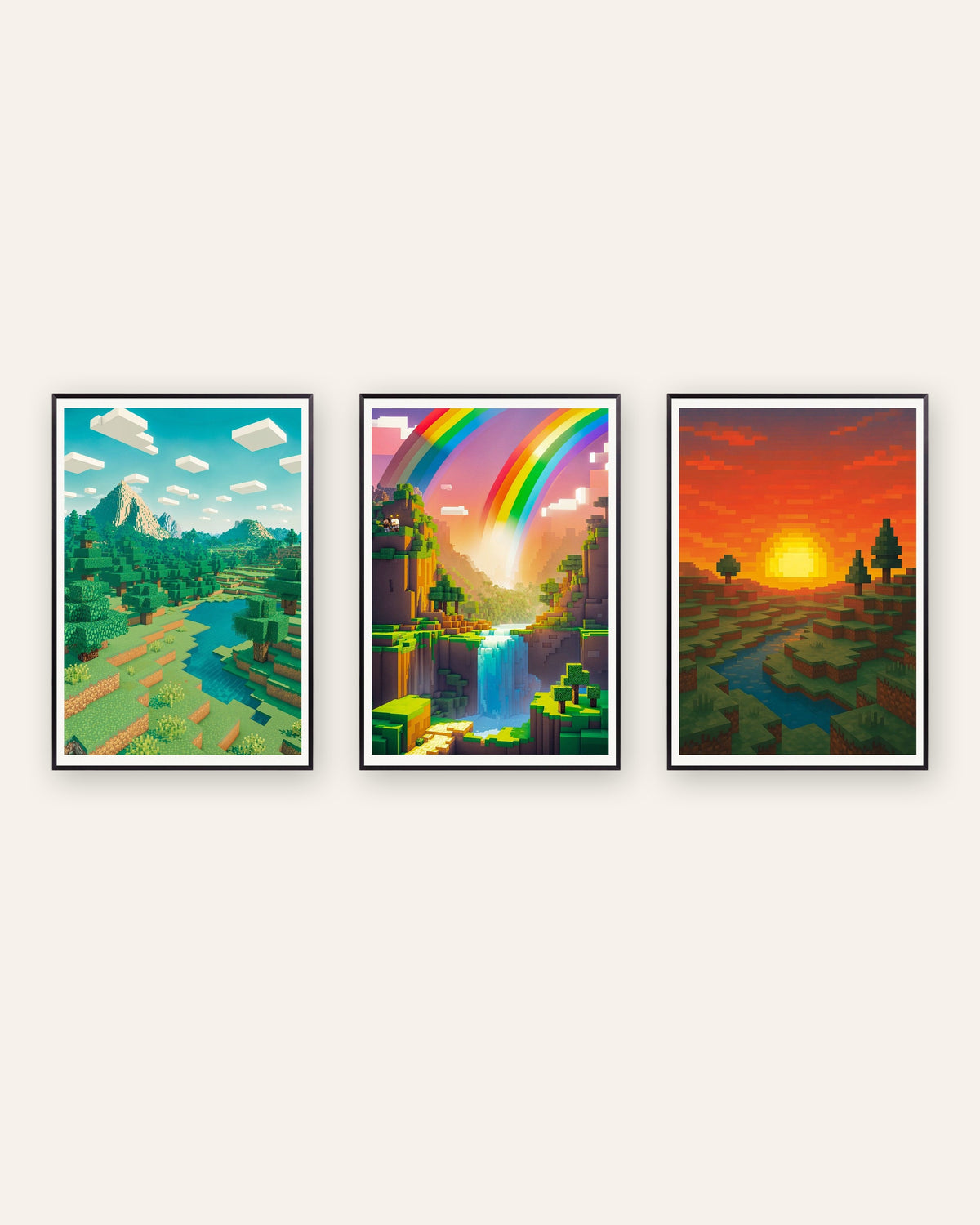 Pixel-Art-Landschaftsposter, 3er-Set: Berg, Regenbogental und Sonnenuntergang, in schwarzen Metallrahmen