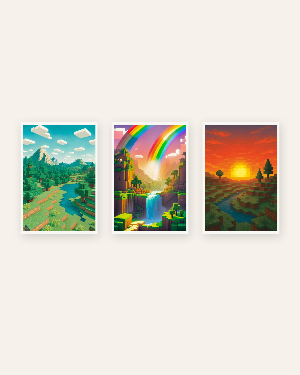 Pixel-Art-Landschaftsposter, 3er-Set: Berg, Regenbogental und Sonnenuntergang, ohne Rahmen